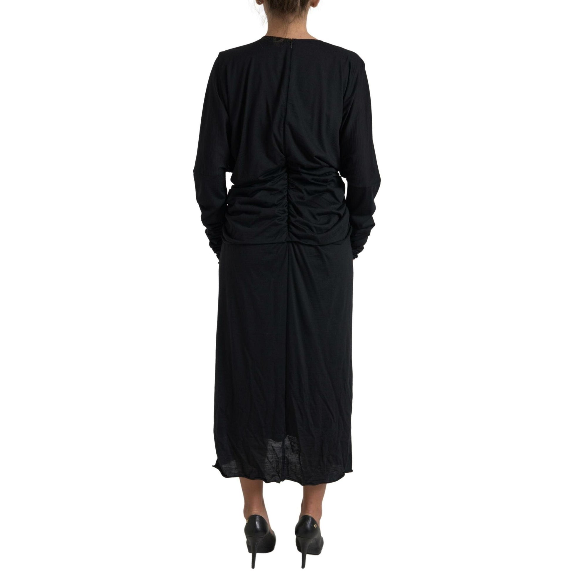 Dolce & Gabbana Black Wool Wrap Sheath Midi Gown Dress