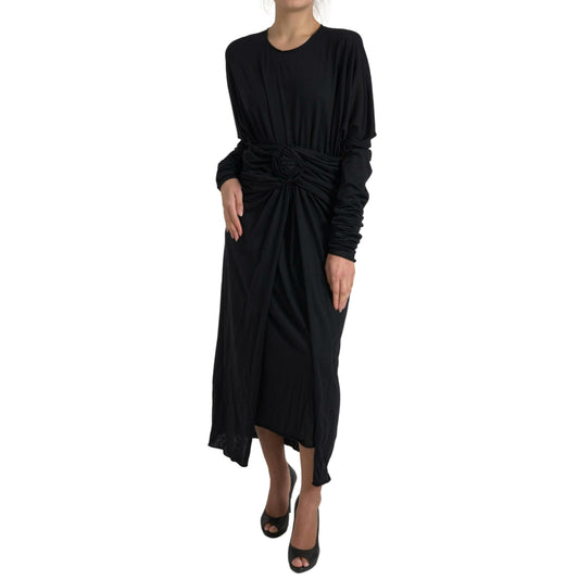 Dolce & Gabbana Black Wool Wrap Sheath Midi Gown Dress