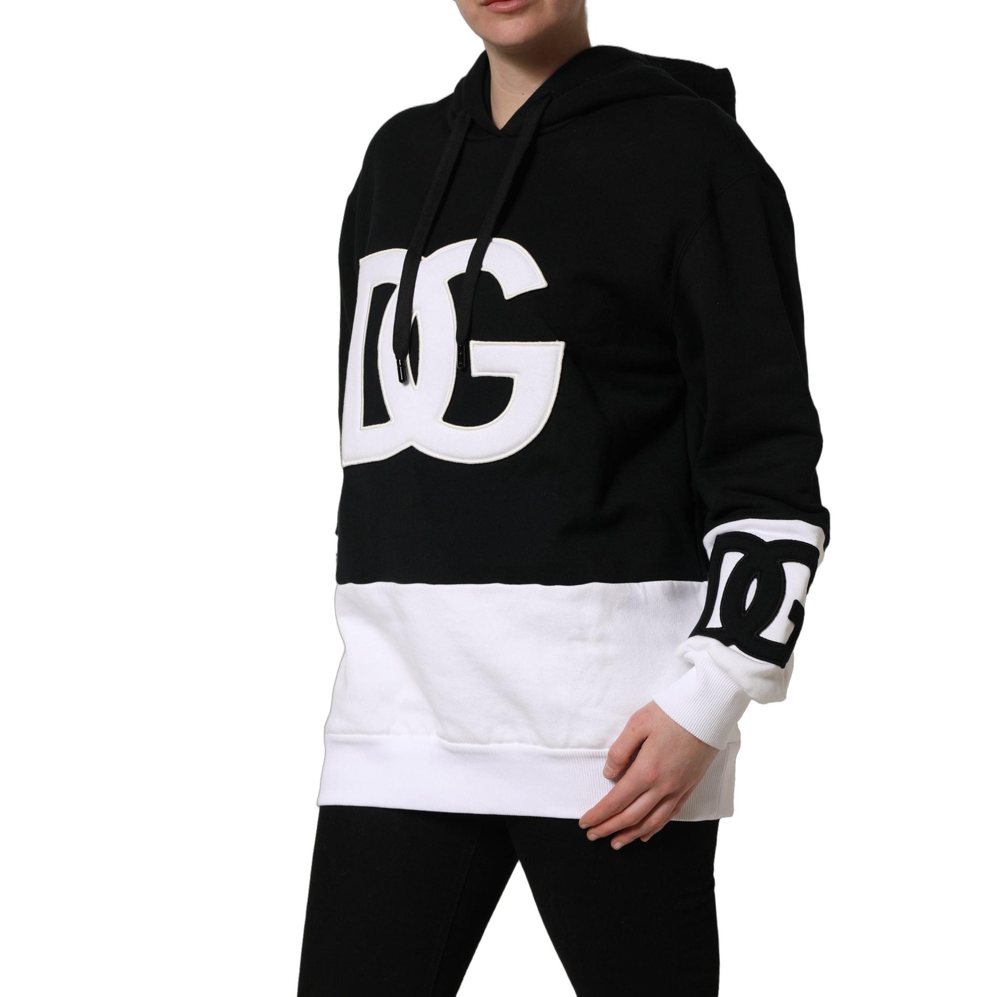 Dolce & Gabbana BlackWhite Appliqué Hooded Sweatshirt Sweater