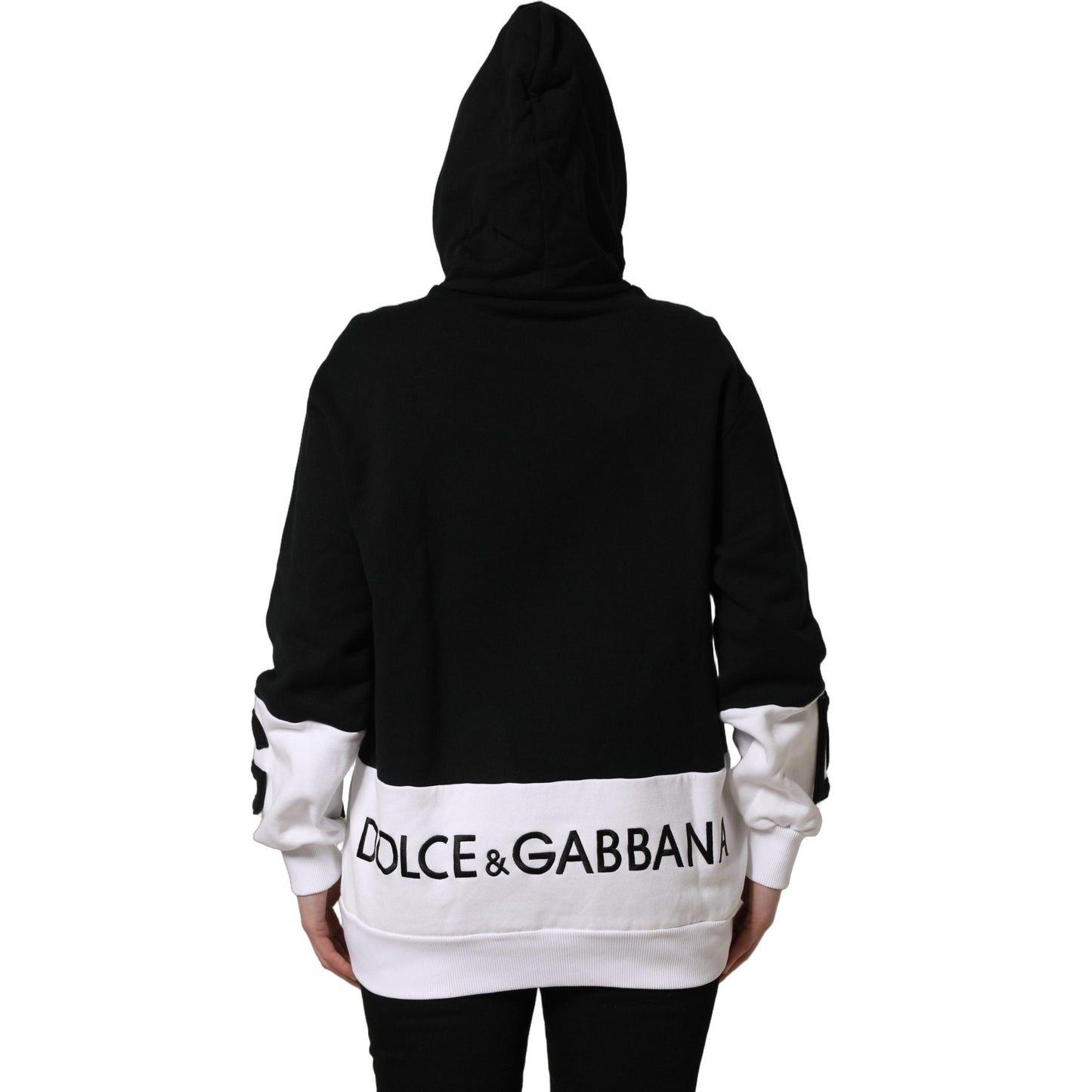 Dolce & Gabbana BlackWhite Appliqué Hooded Sweatshirt Sweater