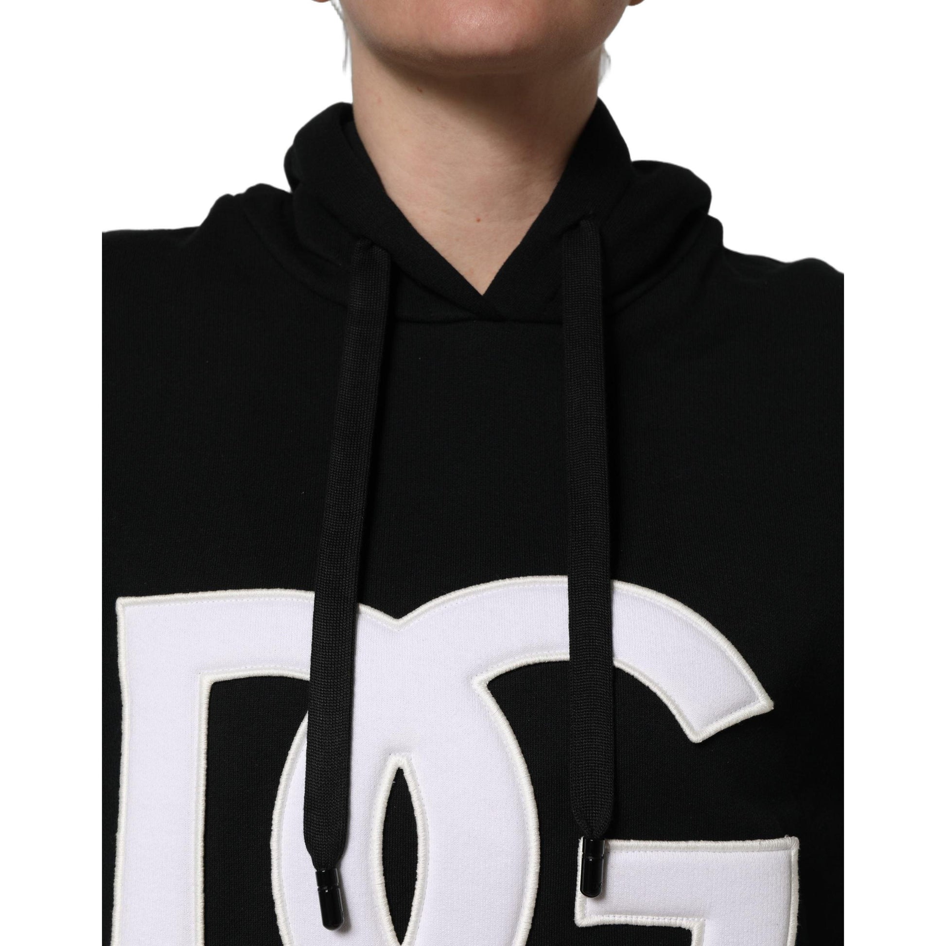 Dolce & Gabbana BlackWhite Appliqué Hooded Sweatshirt Sweater