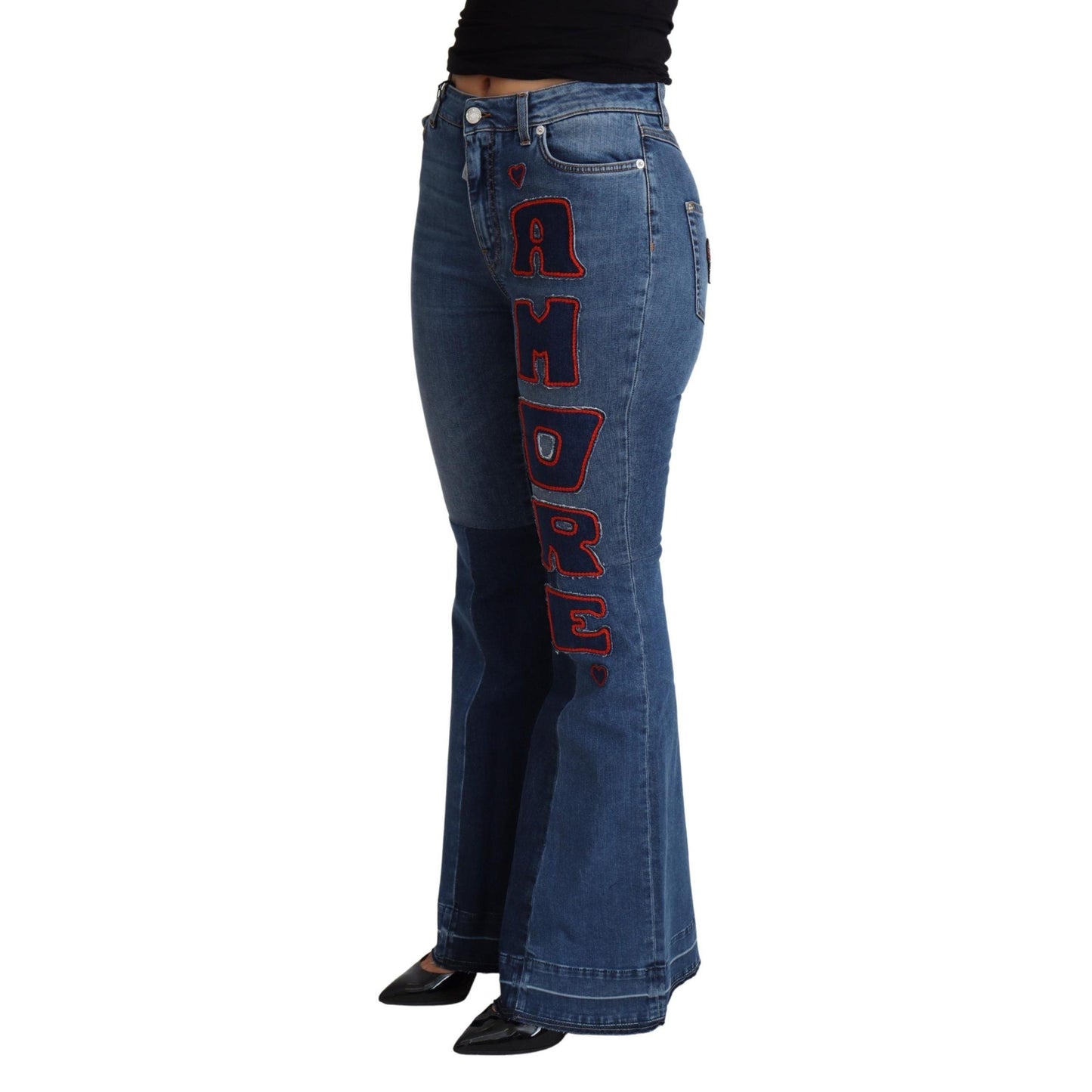 Dolce & Gabbana Blue Amore Patch Boot Cut Cotton Stretch Pant