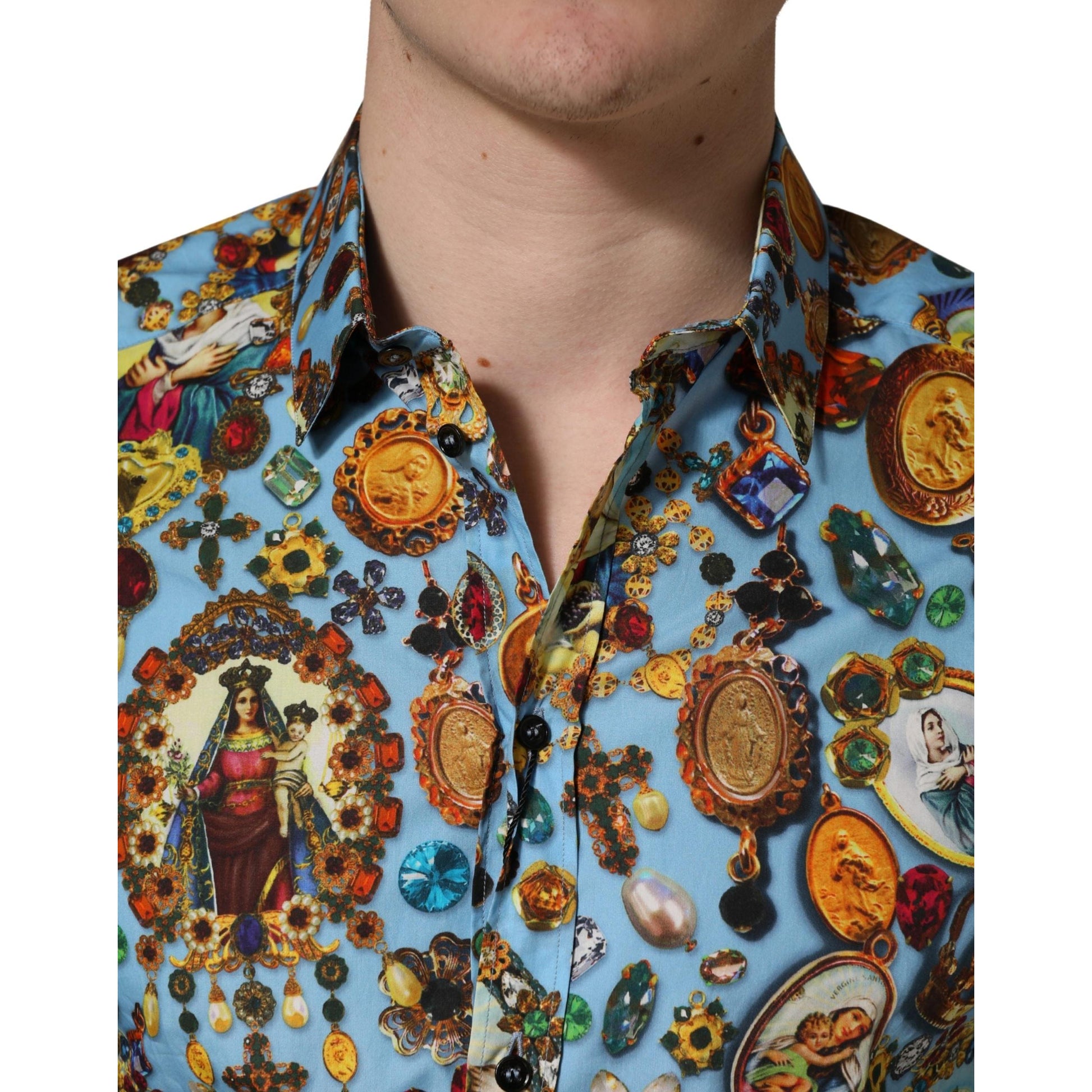Dolce & Gabbana Blue Cotton Jewel Print Button Down GOLD Shirt