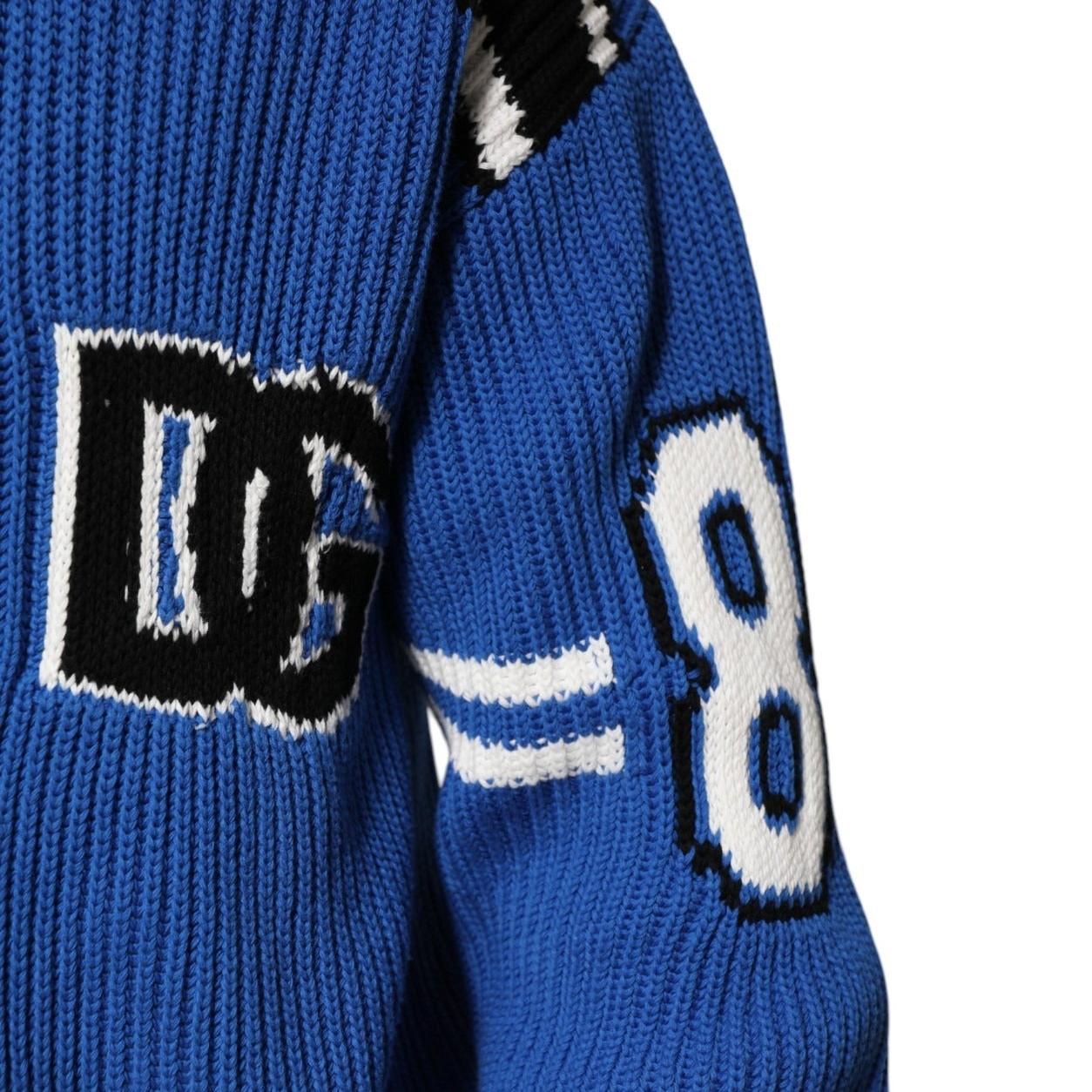 Dolce & Gabbana Blue Cotton Logo Patch Ribbed Knit Cardigan Sweater
