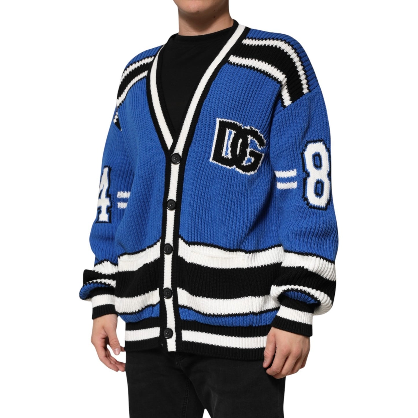 Dolce & Gabbana Blue Cotton Logo Patch Ribbed Knit Cardigan Sweater
