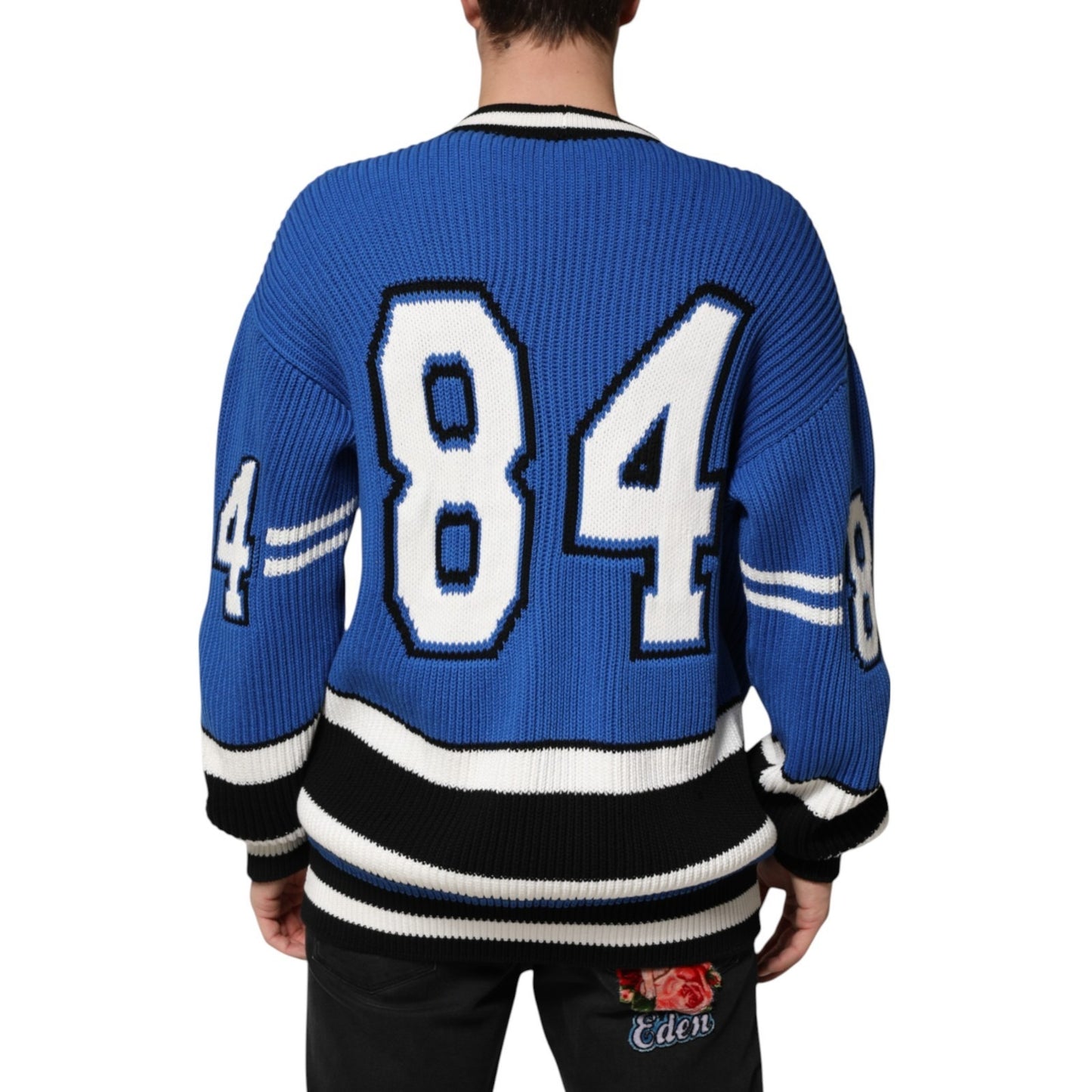 Dolce & Gabbana Blue Cotton Logo Patch Ribbed Knit Cardigan Sweater