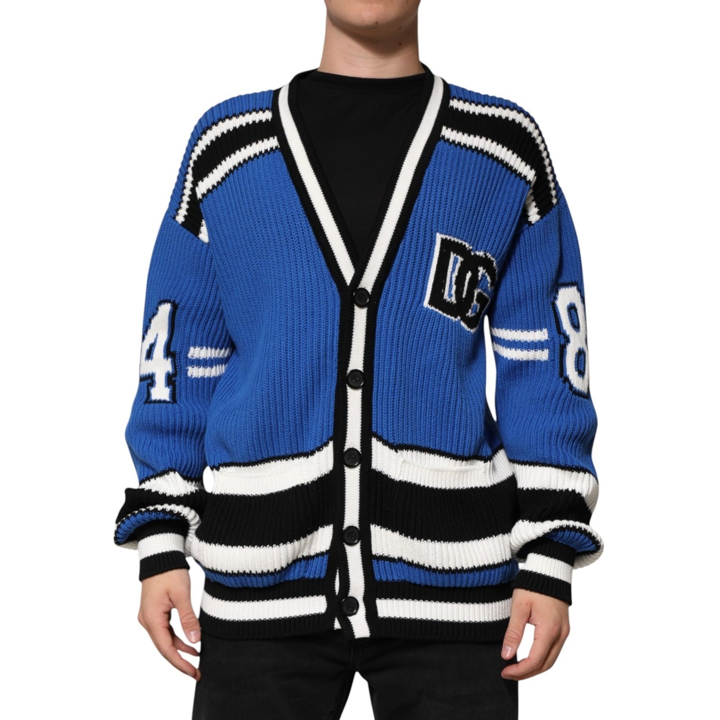 Dolce & Gabbana Blue Cotton Logo Patch Ribbed Knit Cardigan Sweater