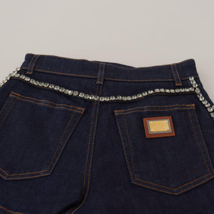 Dolce & Gabbana Blue Denim Stretch Crystal Hot Pants Shorts