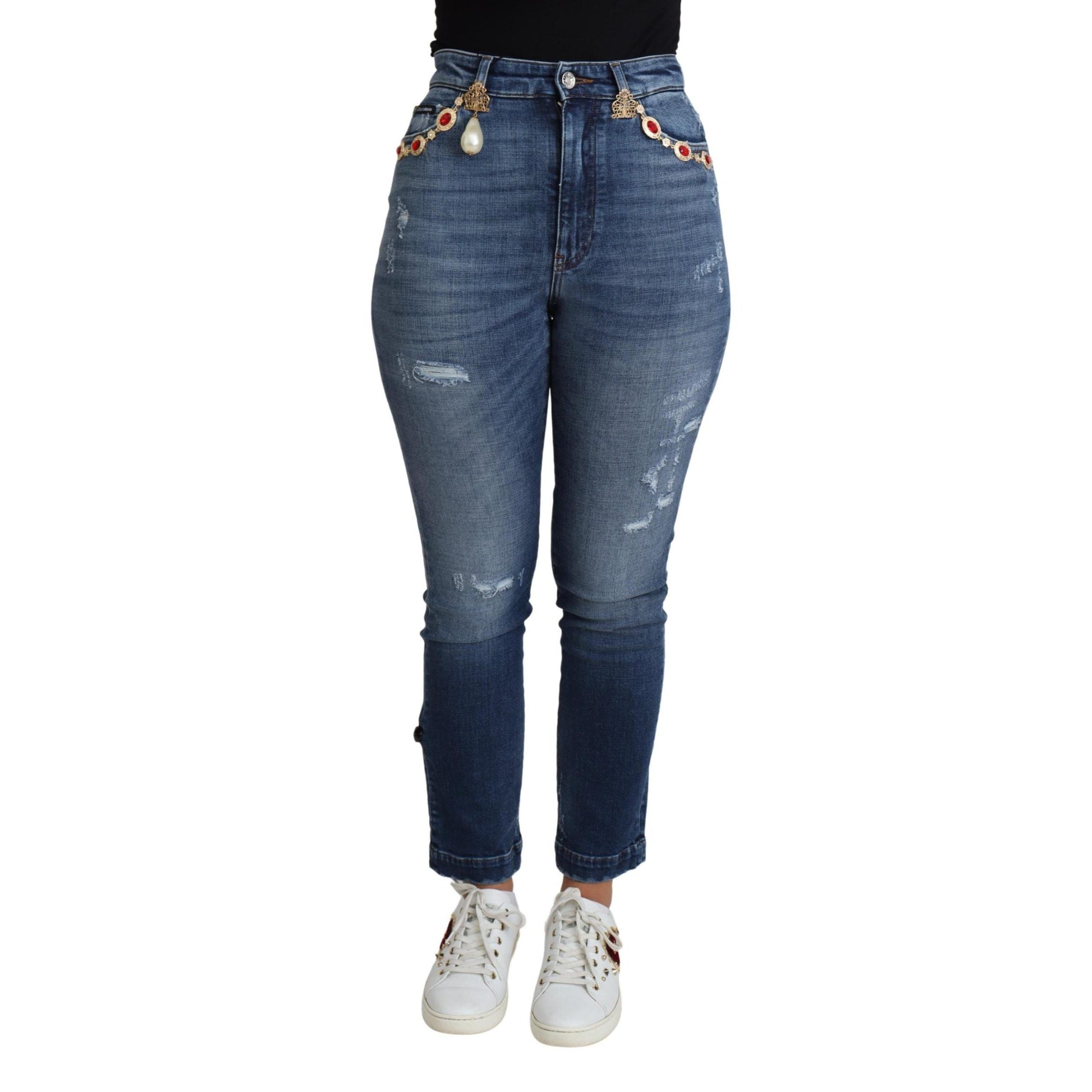 Dolce & Gabbana Blue Embellished Skinny Trouser Cotton Jeans