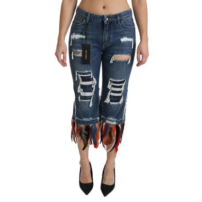 Dolce & Gabbana Blue Feathers Low Waist Cropped Cotton Jeans