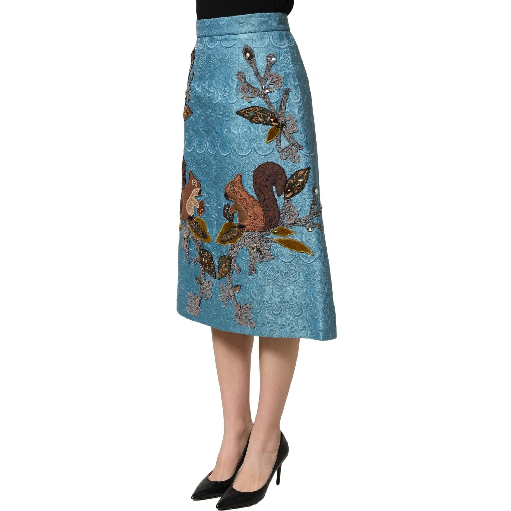 Dolce & Gabbana Blue Jacquard Embroidered A-line Midi Skirt