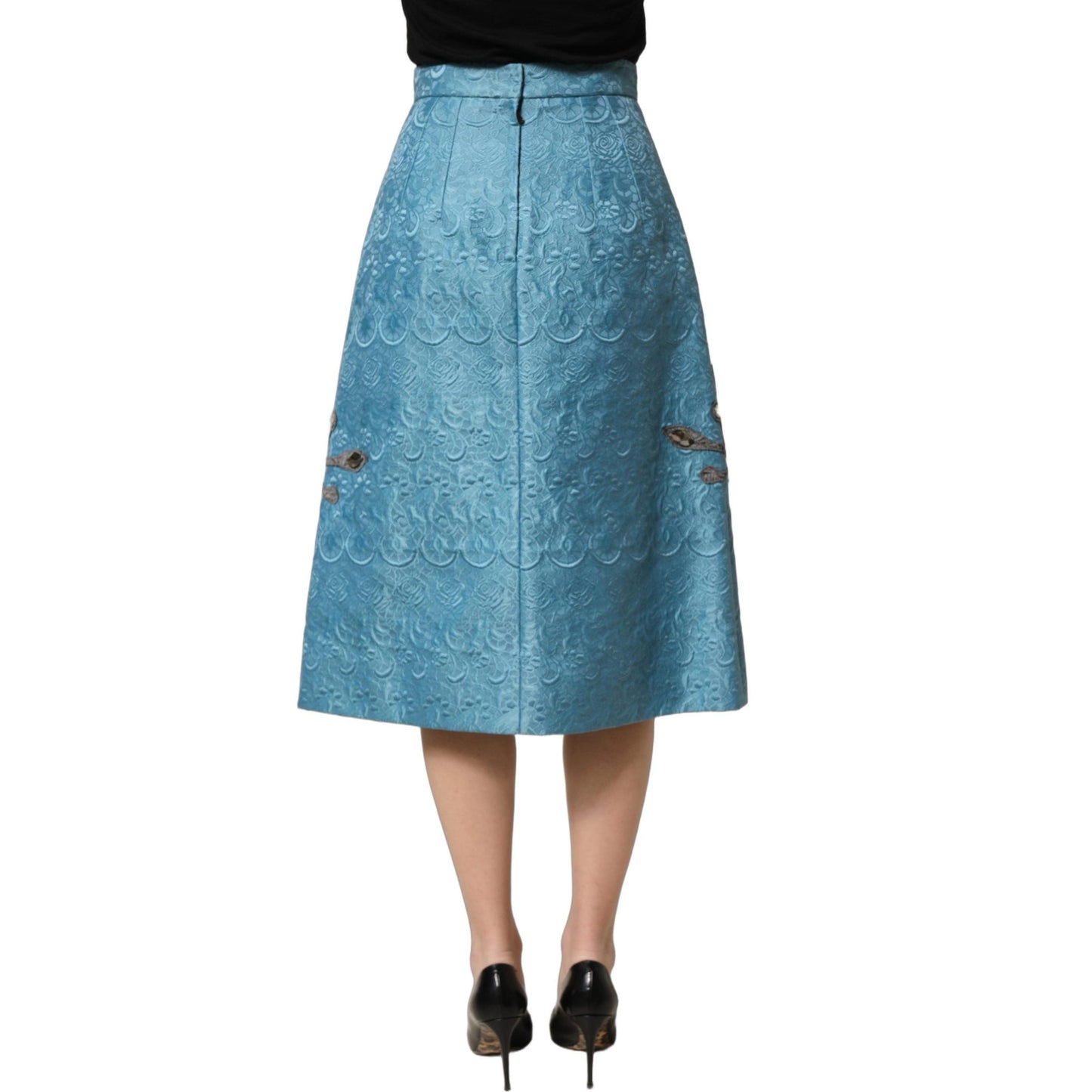Dolce & Gabbana Blue Jacquard Embroidered A-line Midi Skirt