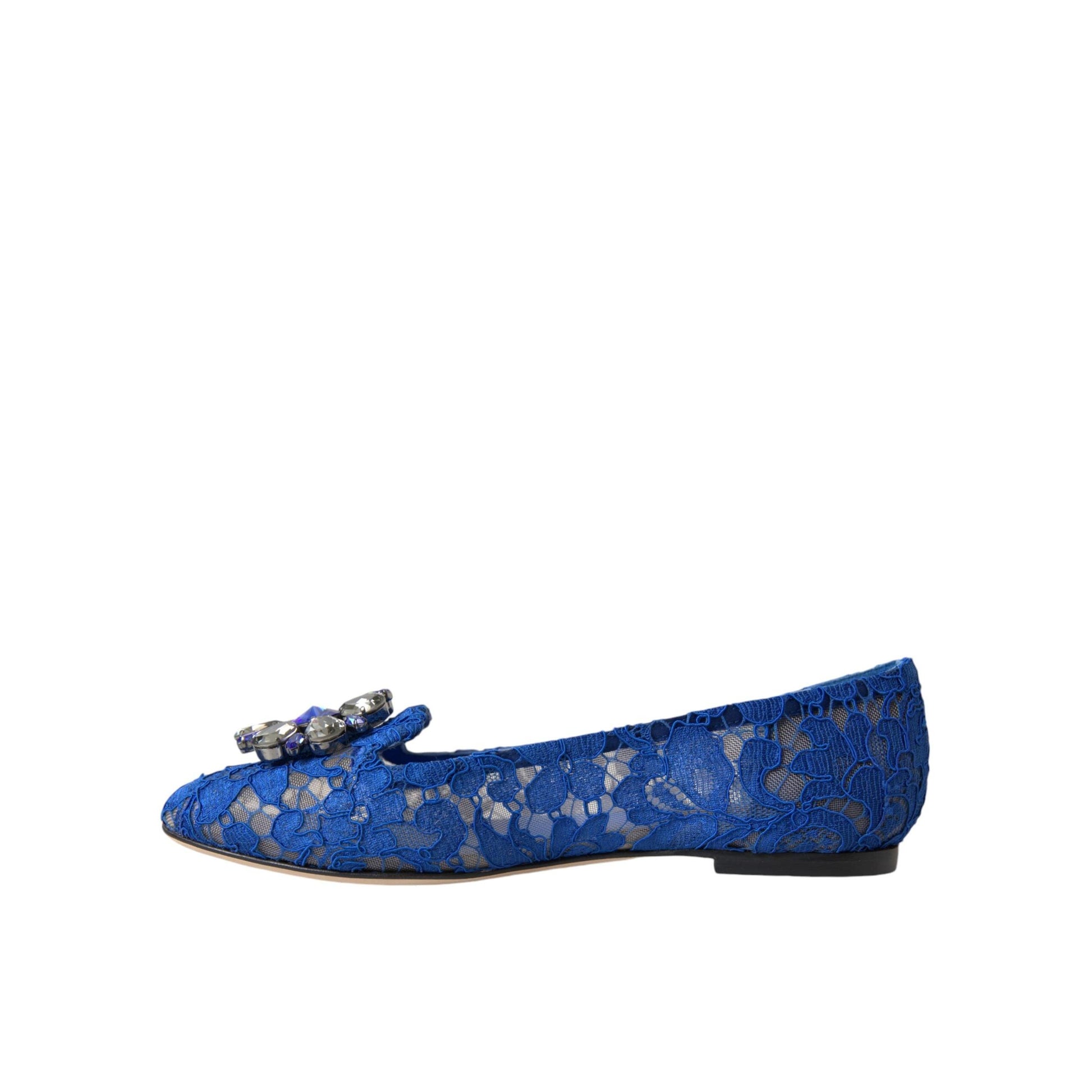 Dolce & Gabbana Blue Lace Crystal Ballet Flats Loafers Shoes