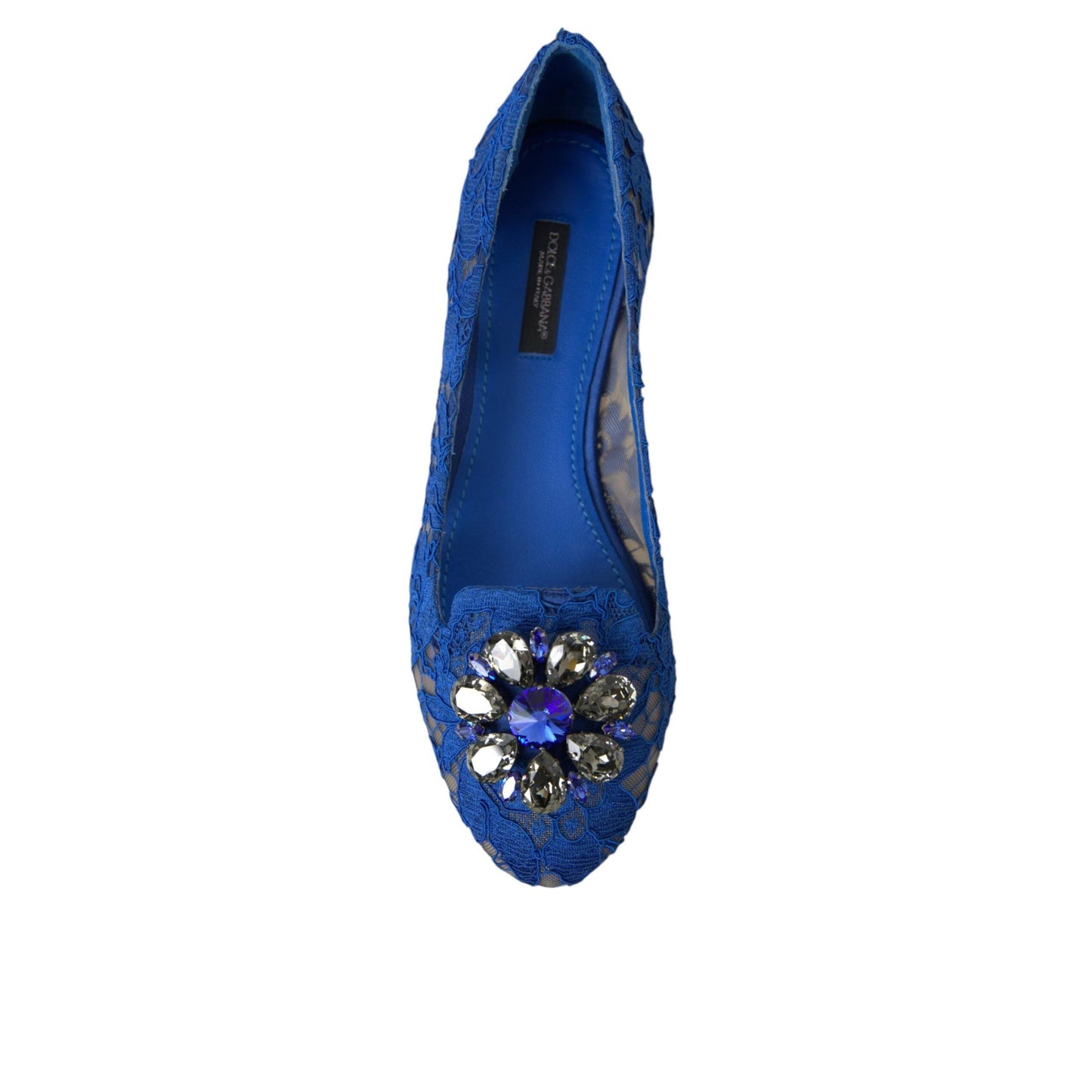 Dolce & Gabbana Blue Lace Crystal Ballet Flats Loafers Shoes