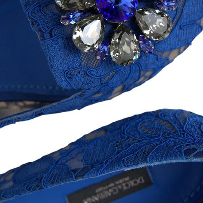 Dolce & Gabbana Blue Lace Crystal Ballet Flats Loafers Shoes