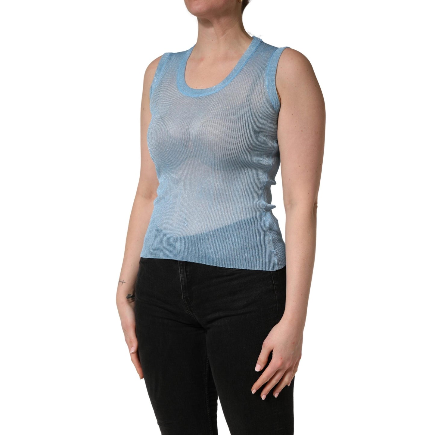 Dolce & Gabbana Blue Semi Sheer Ribbed Sleeveless Tank Top