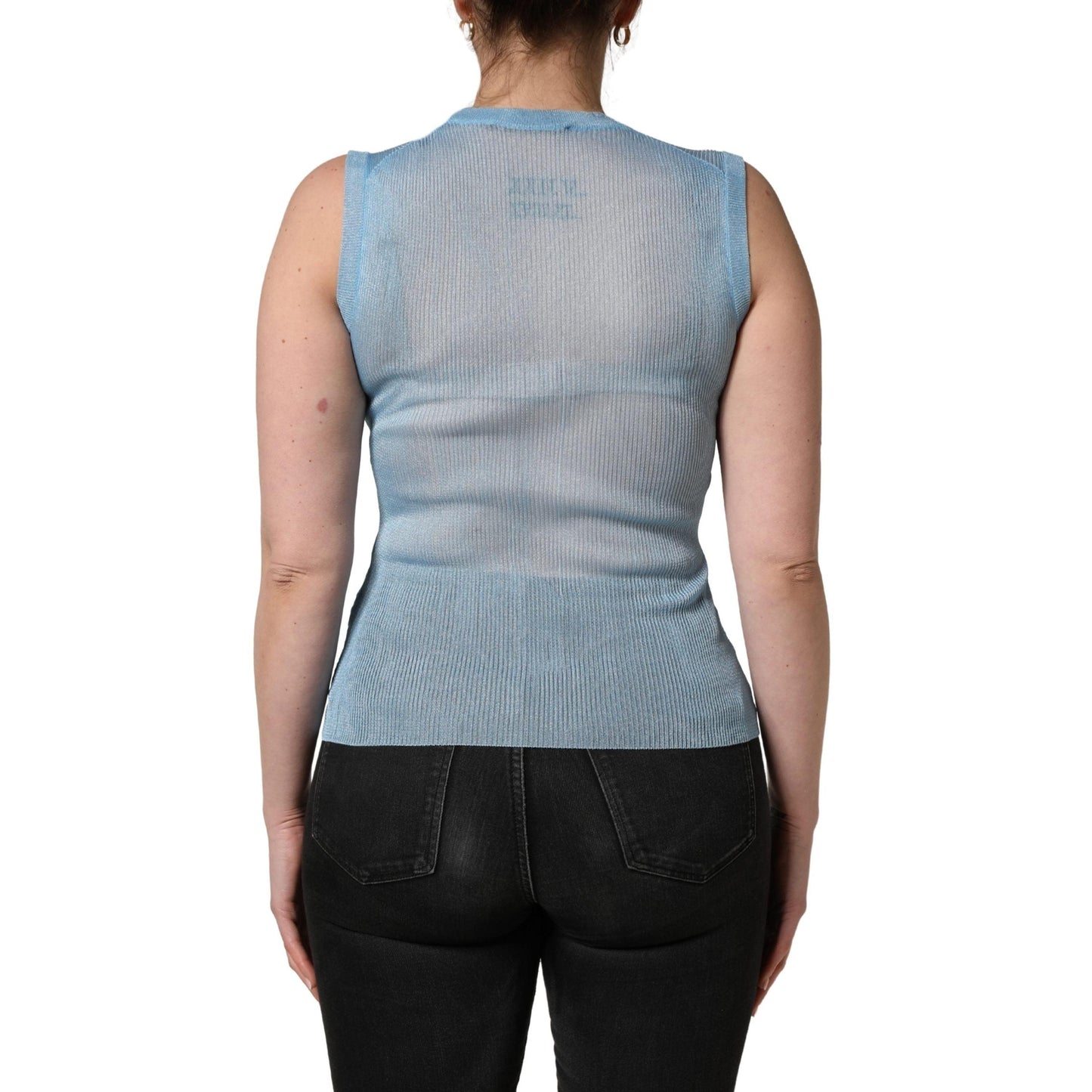 Dolce & Gabbana Blue Semi Sheer Ribbed Sleeveless Tank Top