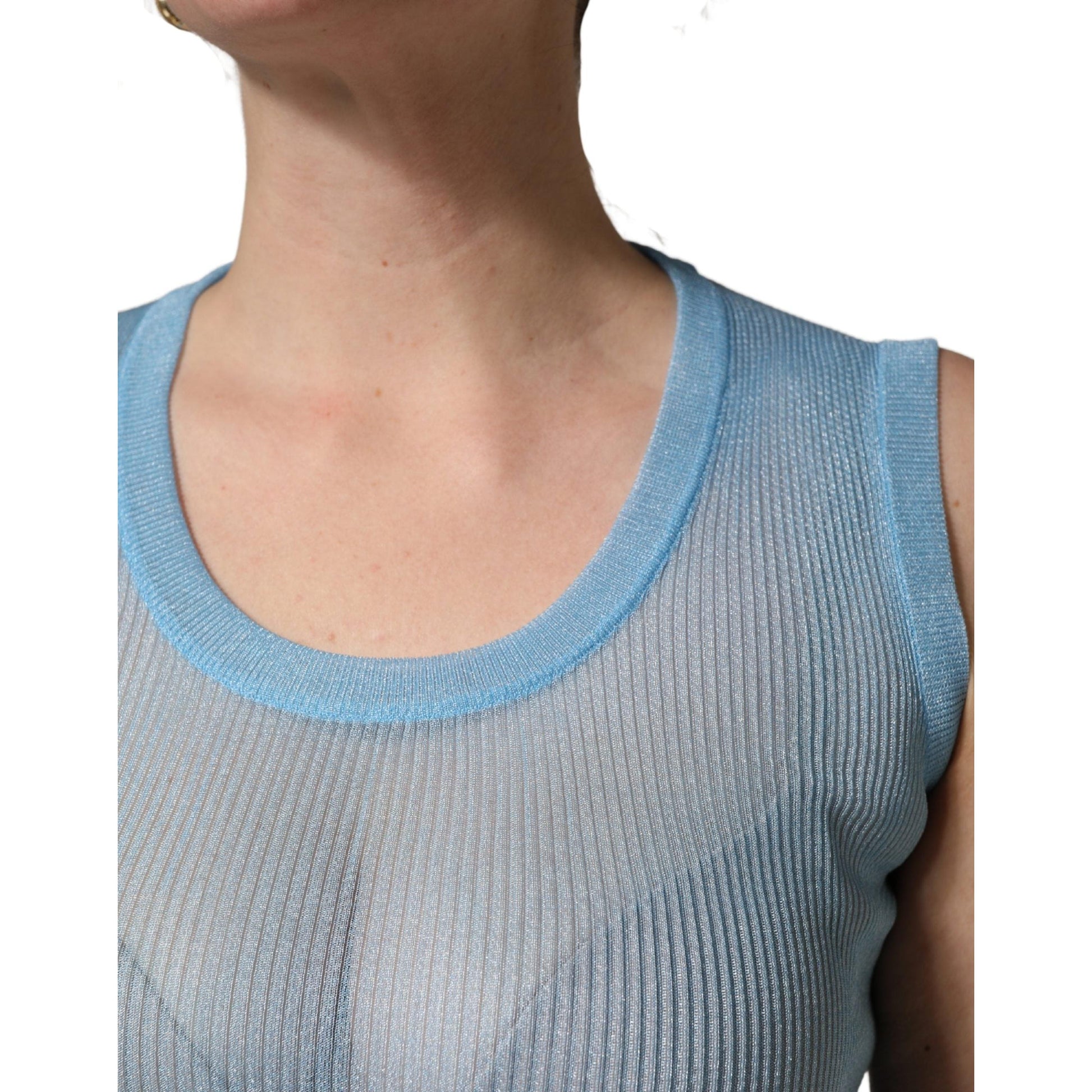 Dolce & Gabbana Blue Semi Sheer Ribbed Sleeveless Tank Top