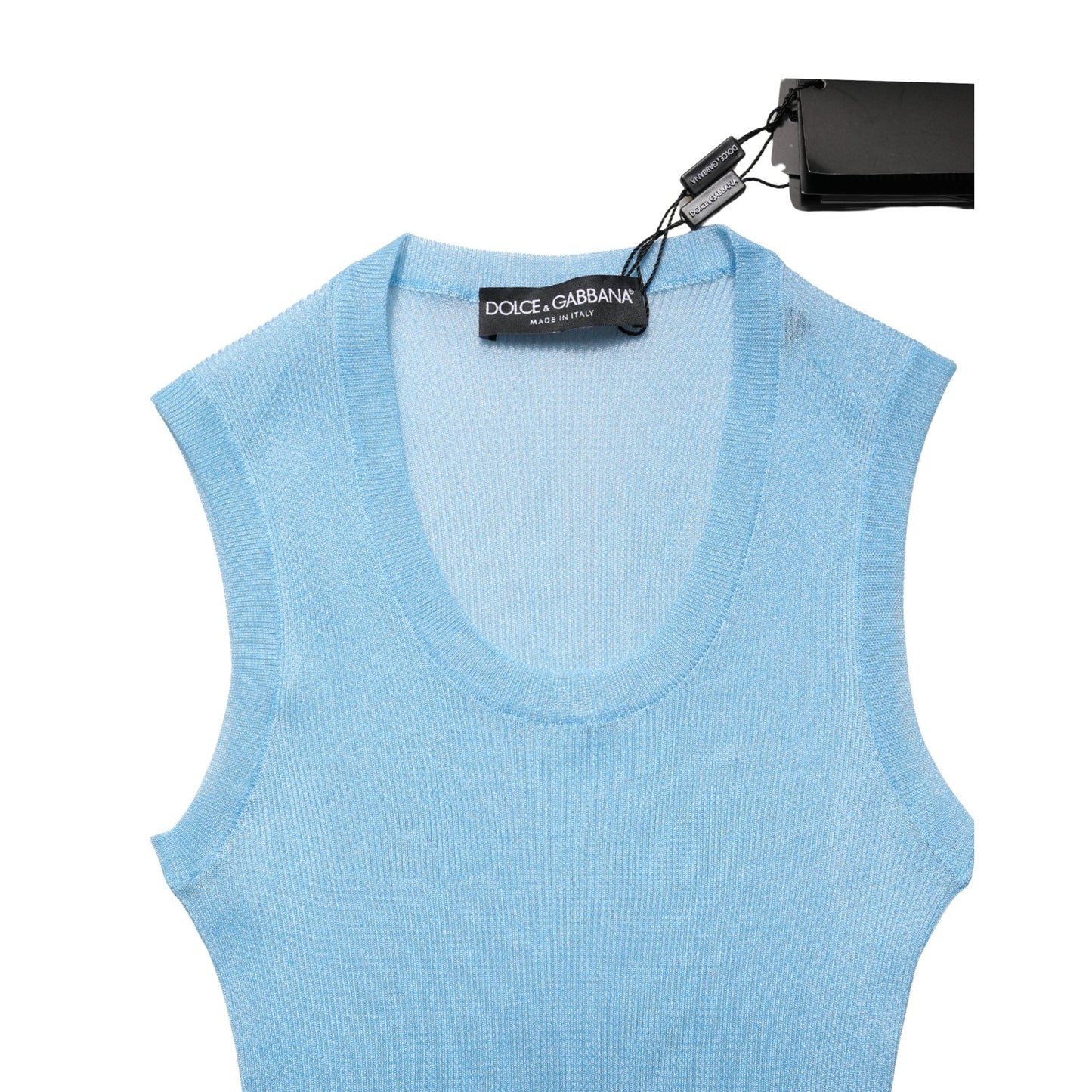 Dolce & Gabbana Blue Semi Sheer Ribbed Sleeveless Tank Top