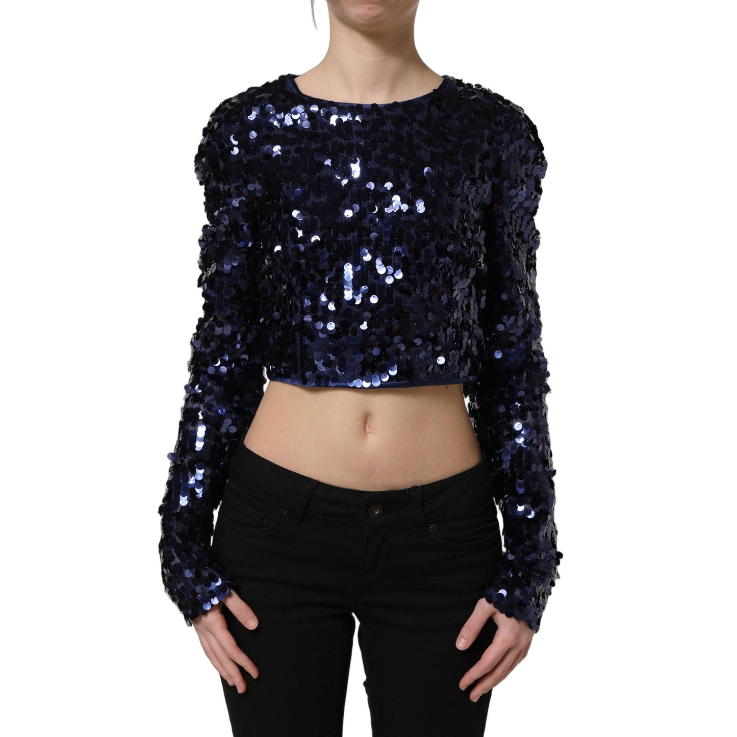 Dolce & Gabbana Blue Sequined Long Sleeves Crop Blouse Top