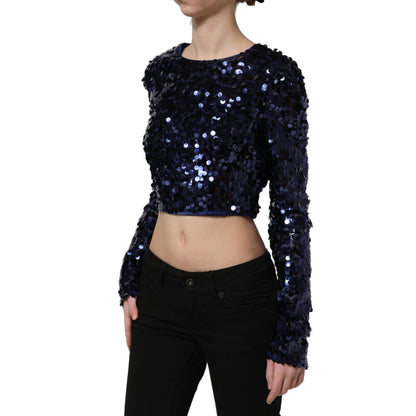Dolce & Gabbana Blue Sequined Long Sleeves Crop Blouse Top
