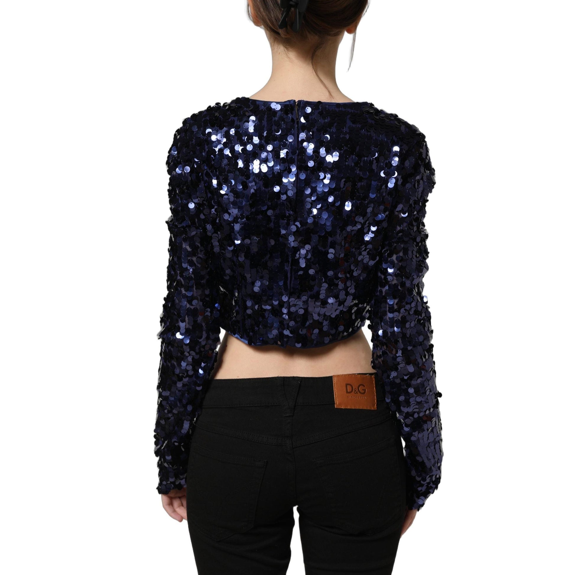 Dolce & Gabbana Blue Sequined Long Sleeves Crop Blouse Top