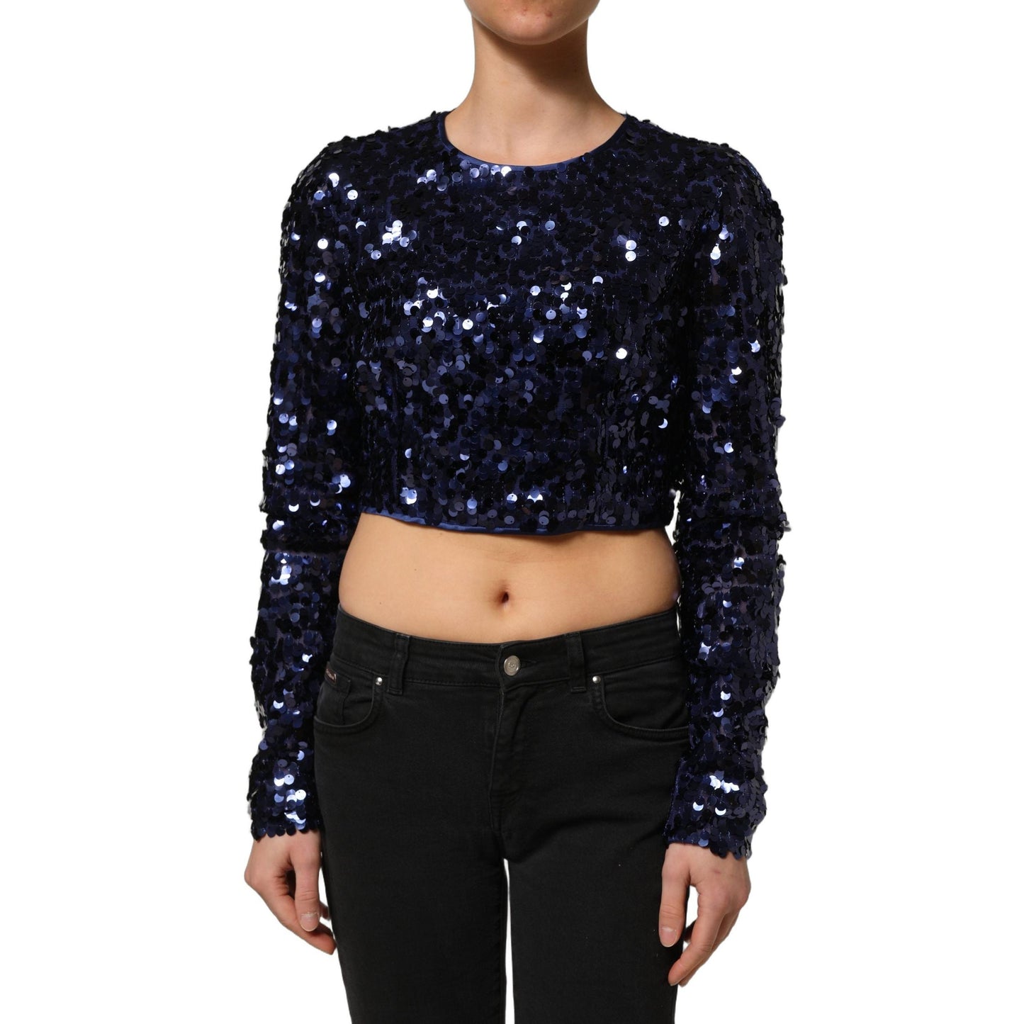 Dolce & Gabbana Blue Sequined Long Sleeves Crop Blouse Top