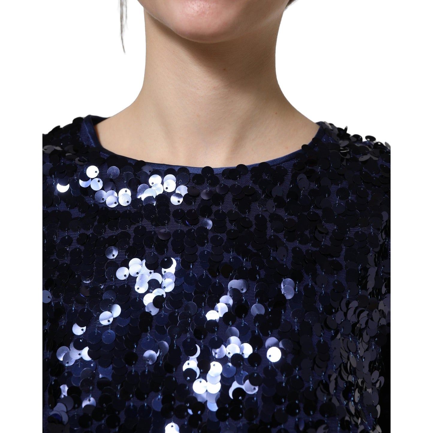 Dolce & Gabbana Blue Sequined Long Sleeves Crop Blouse Top