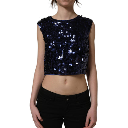 Dolce & Gabbana Blue Sequined Sleeveless Cropped Tank Top