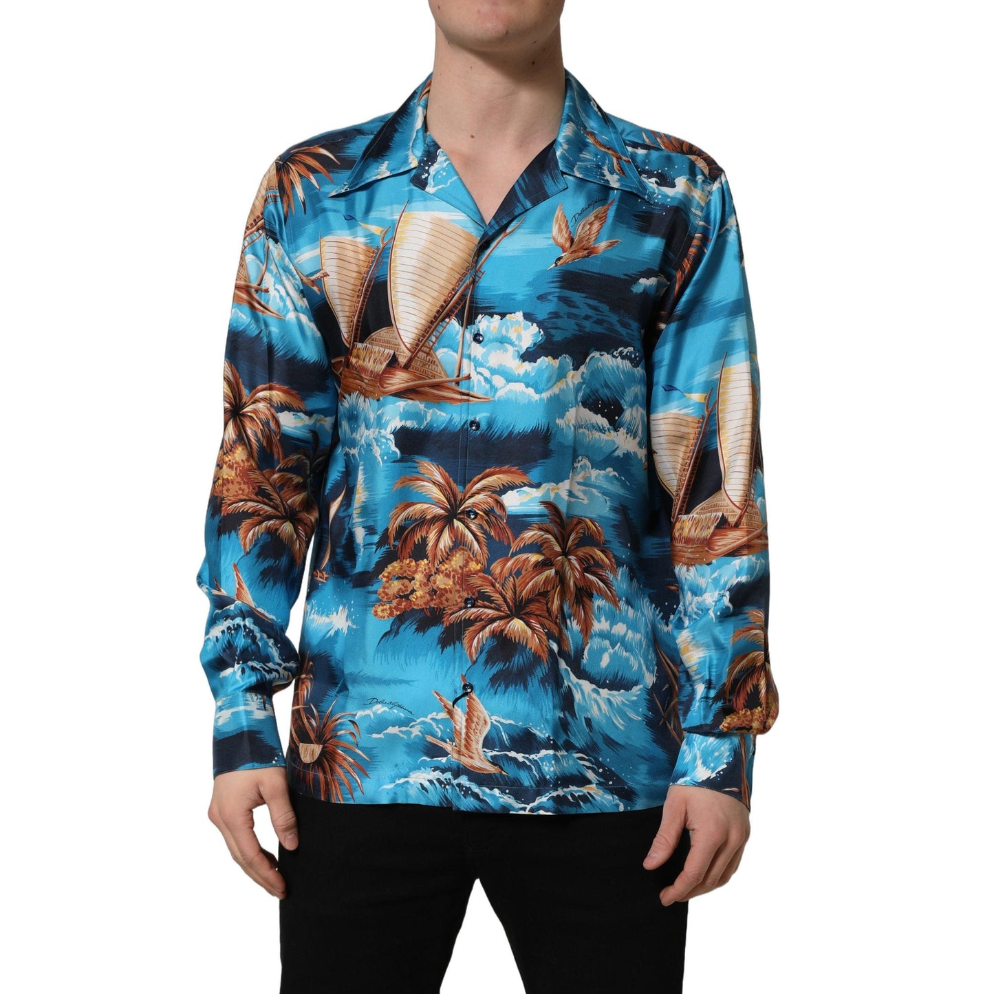 Dolce & Gabbana Blue Silk Twill Hawaiian GraphicPrint Shirt