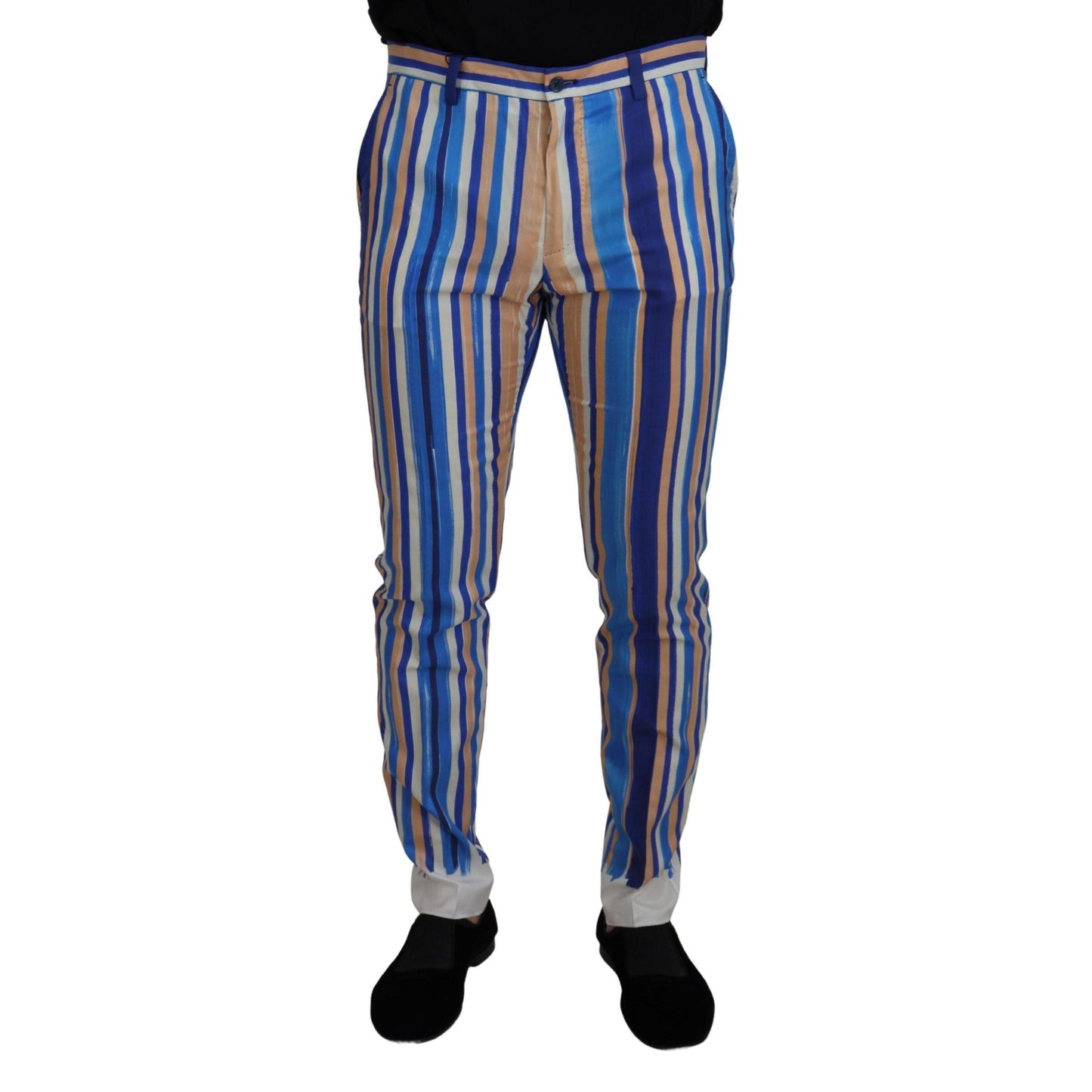Dolce & Gabbana Blue Striped Silk Cotton Slim Trousers Pants