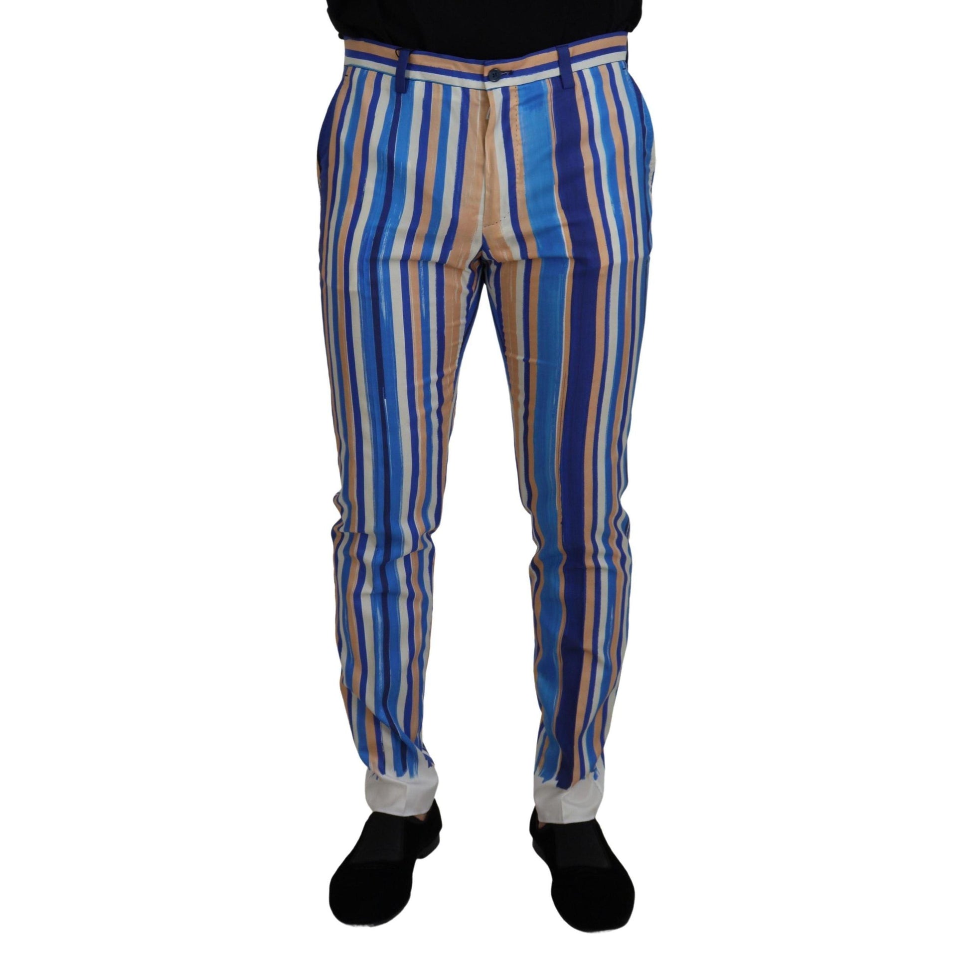 Dolce & Gabbana Blue Striped Silk Cotton Slim Trousers Pants