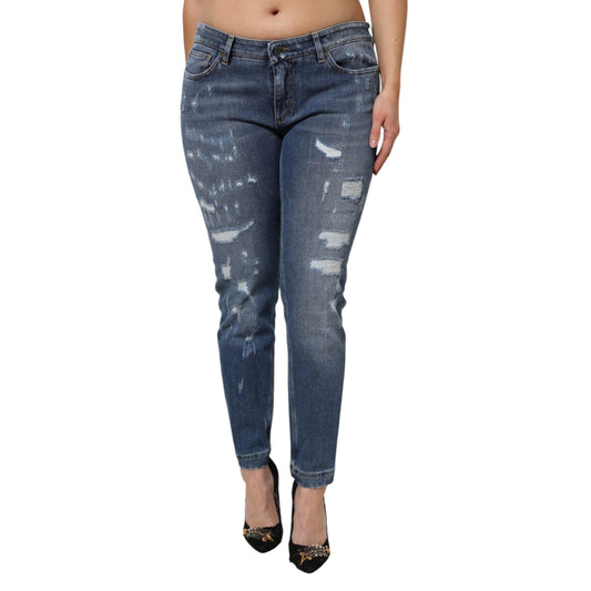 Dolce & Gabbana Blue Tattered Cotton Low Waist Denim Jeans