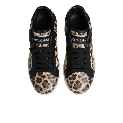 Dolce & Gabbana Brown Leather Leopard Low Top Sneakers Shoes