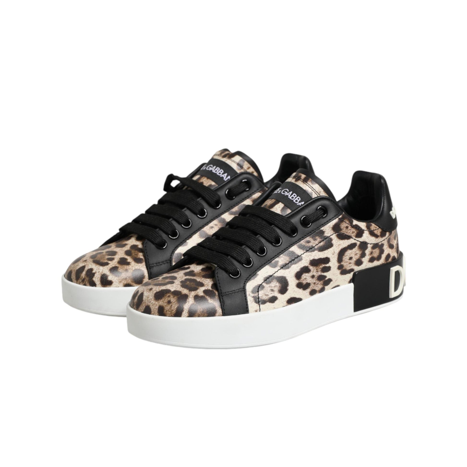 Dolce & Gabbana Brown Leather Leopard Low Top Sneakers Shoes
