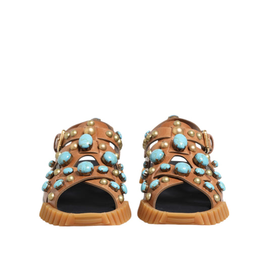 Dolce & Gabbana Brown Leather Studded Slides Sandals Shoes