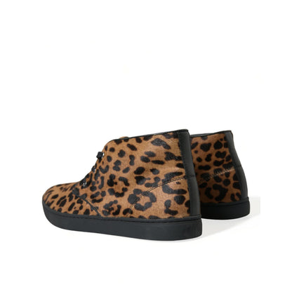 Dolce & Gabbana Brown Leopard Pony Hair Leather Sneakers Shoes