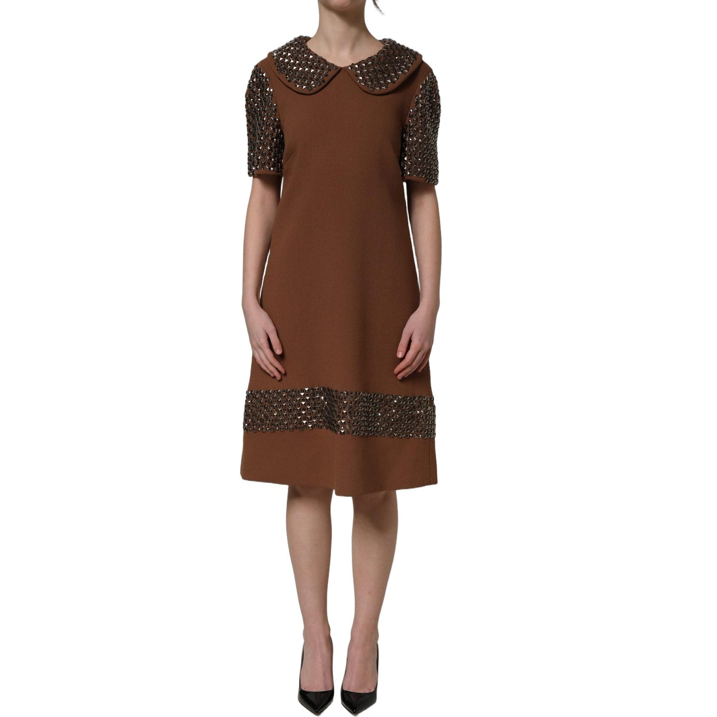Dolce & Gabbana Brown Wool Rhinestone Embellished Midi Dress