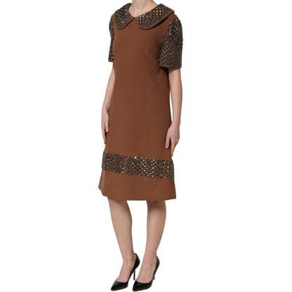 Dolce & Gabbana Brown Wool Rhinestone Embellished Midi Dress