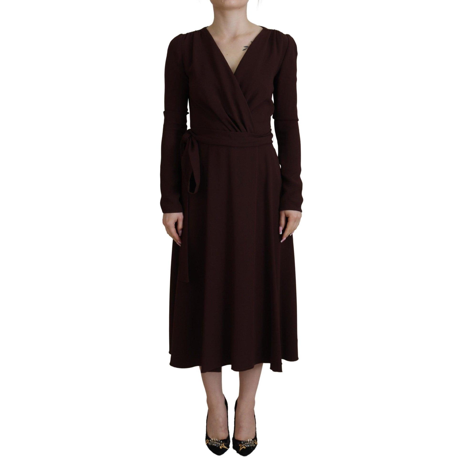 Dolce & Gabbana Brown Wrap Long Sleeve Midi Stretch Dress
