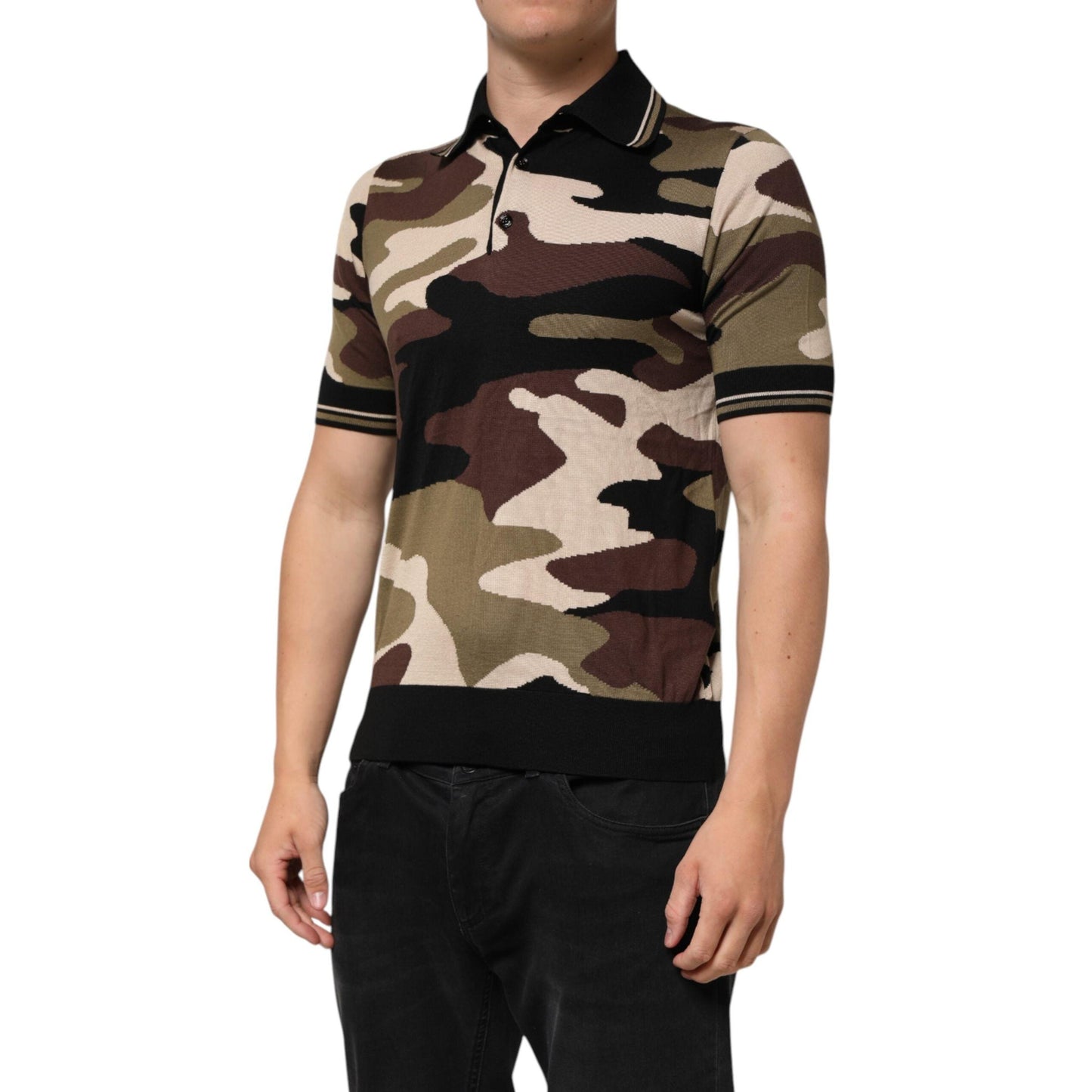 Dolce & Gabbana Camouflage Brown Silk Military Polo T-shirt