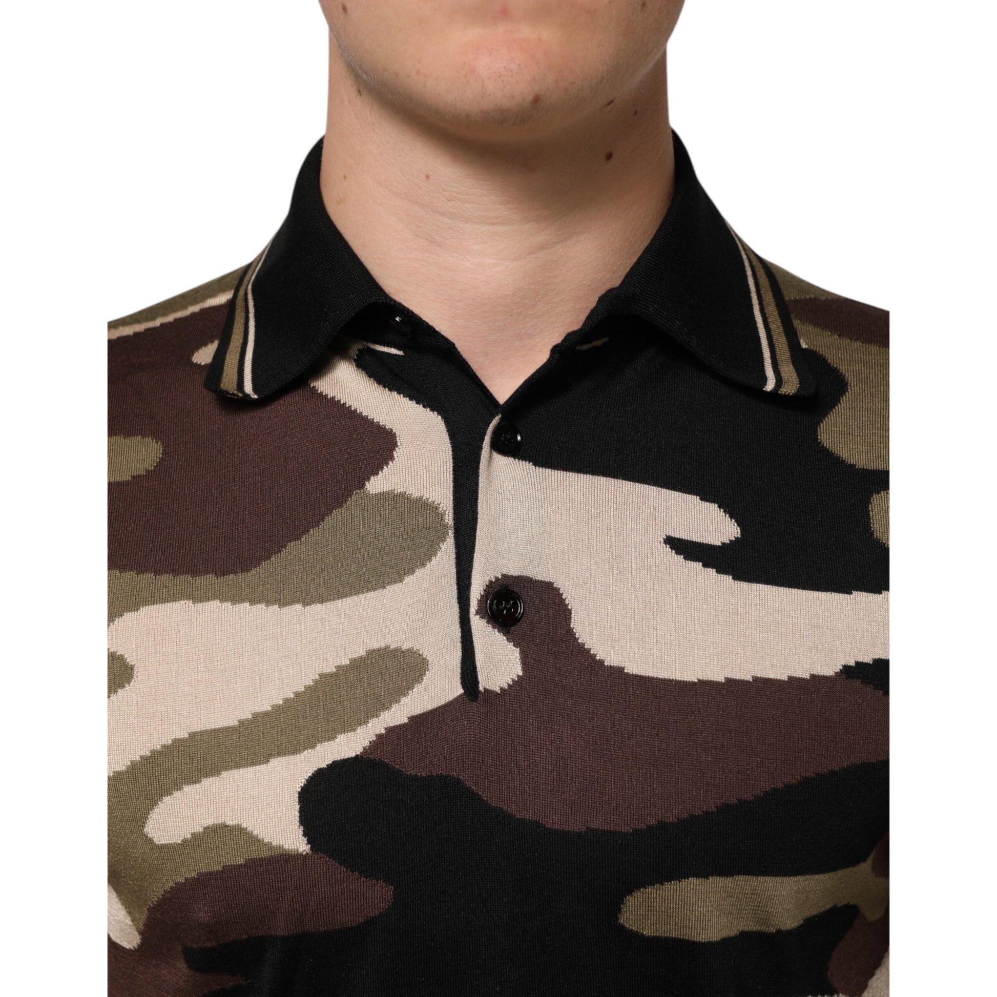 Dolce & Gabbana Camouflage Brown Silk Military Polo T-shirt