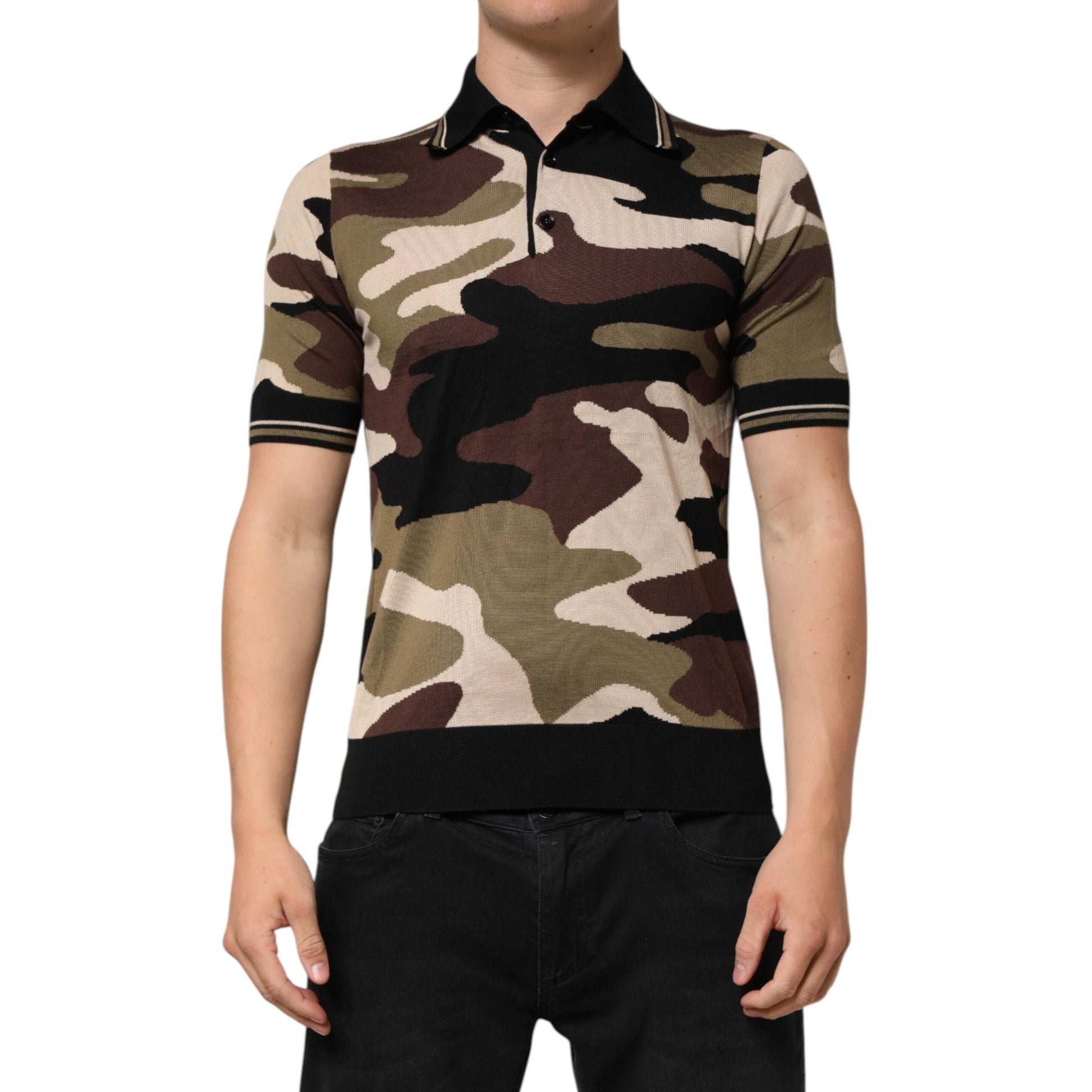 Dolce & Gabbana Camouflage Brown Silk Military Polo T-shirt
