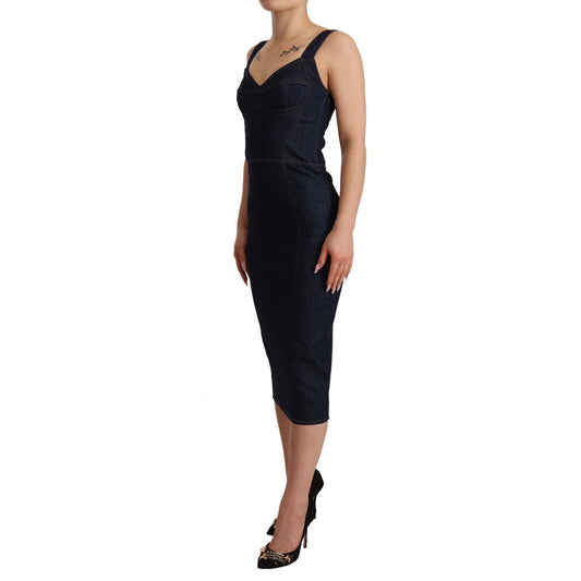 Dolce & Gabbana Dark Blue Cotton Denim Sheath Midi Dress