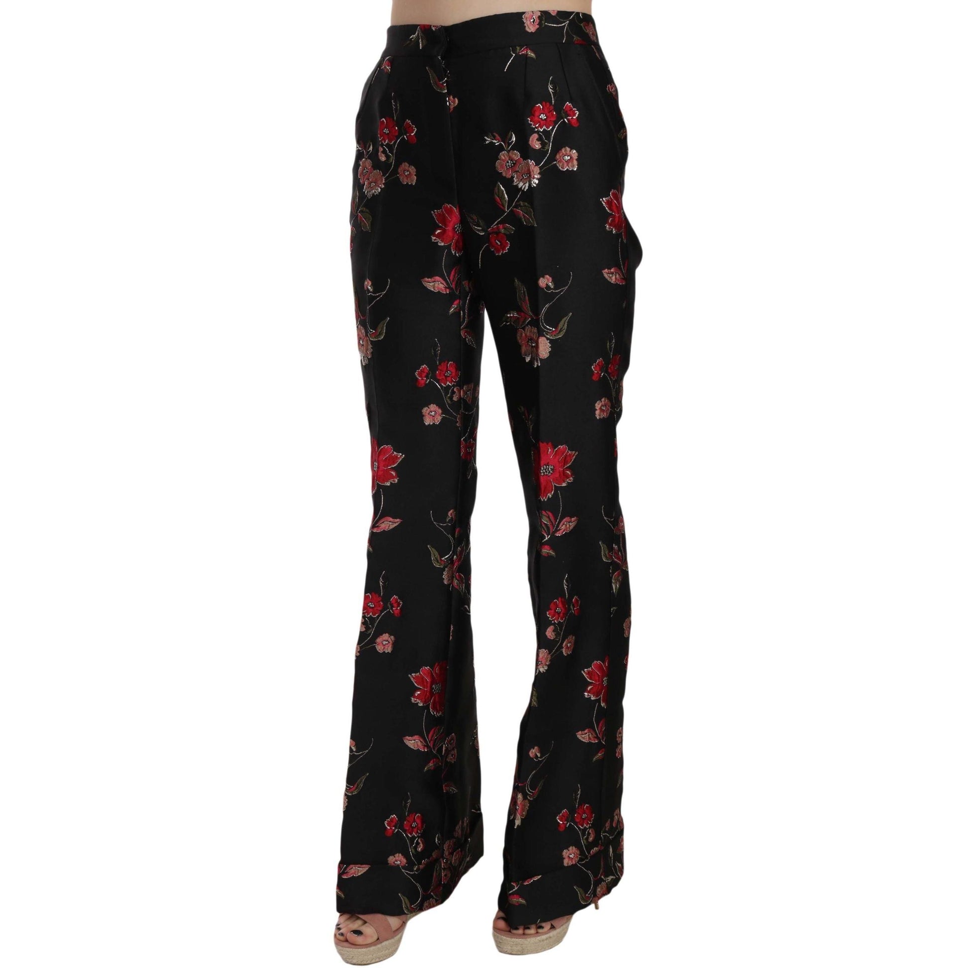 Dolce & Gabbana Floral Print Black Boot Cut Trouser Pants