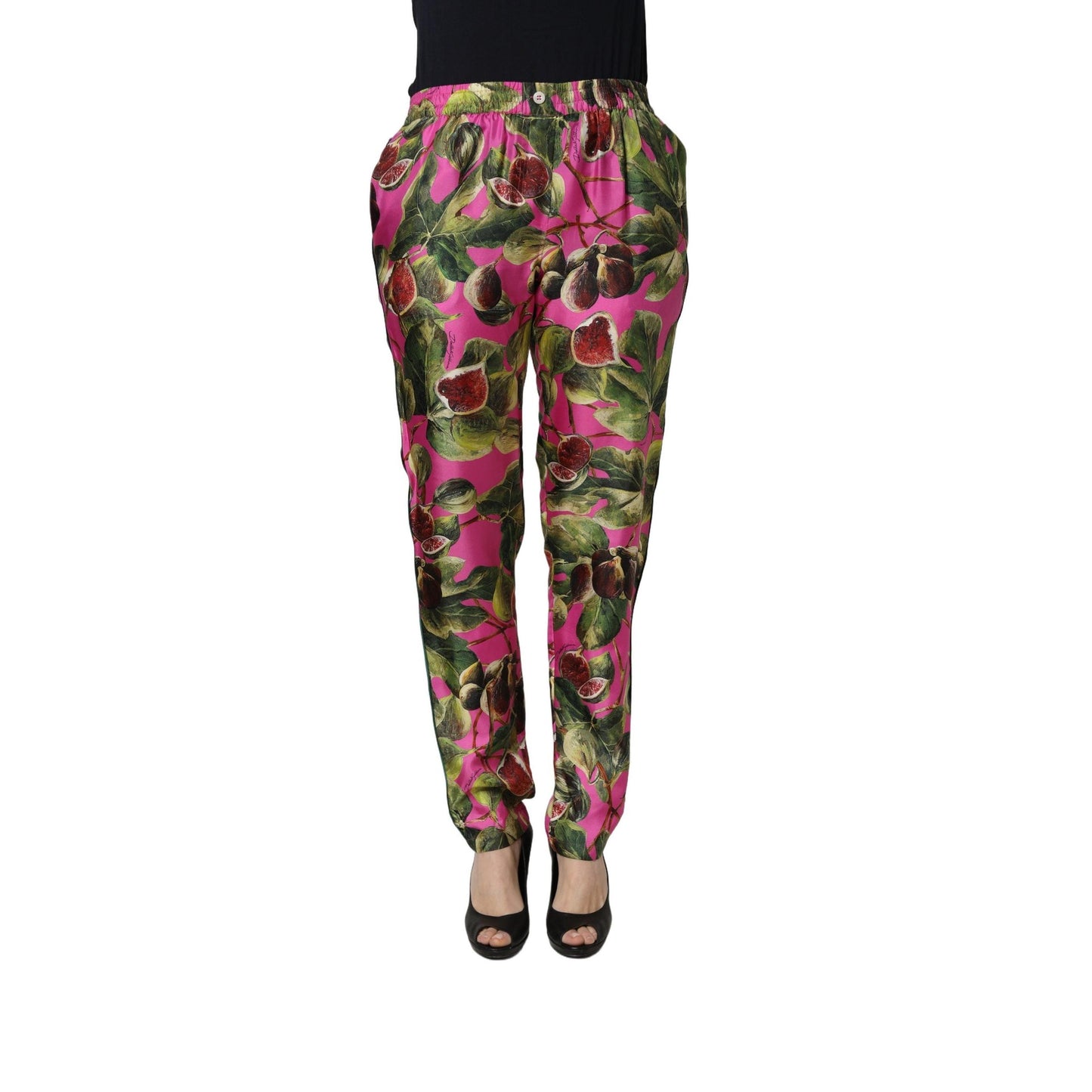 Dolce & Gabbana Fuchsia Fig Fruit Leaf Tapered Trouser Pants