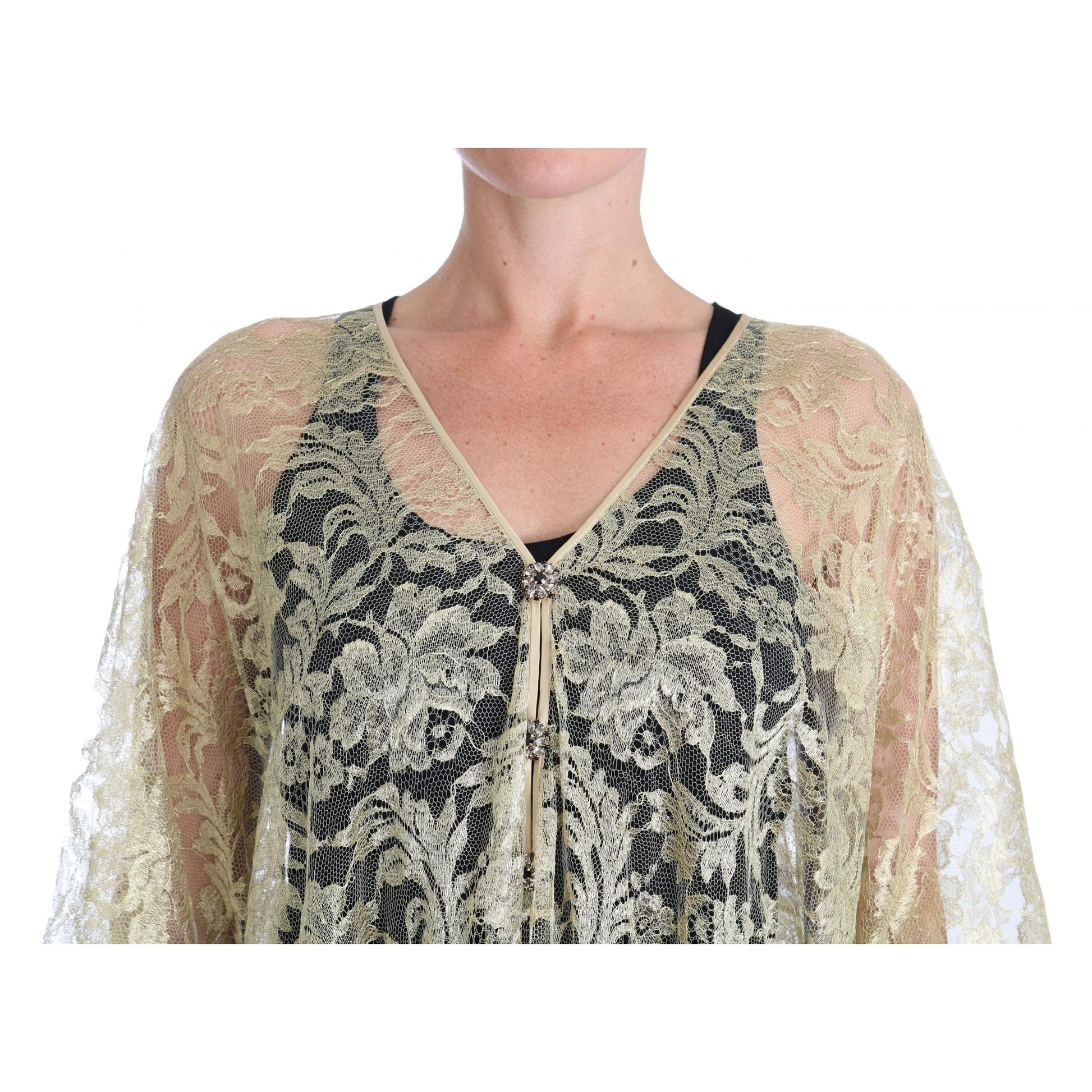 Dolce & Gabbana Gold Floral Lace Crystal Gown Cape Dress