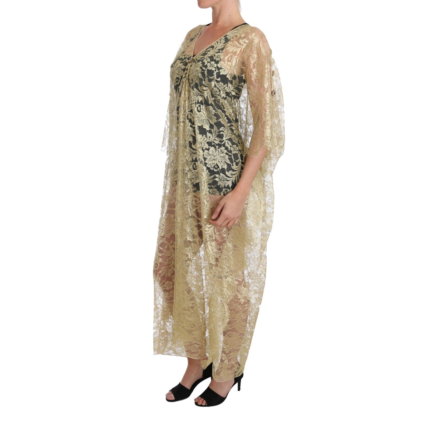 Dolce & Gabbana Gold Floral Lace Crystal Gown Cape Dress