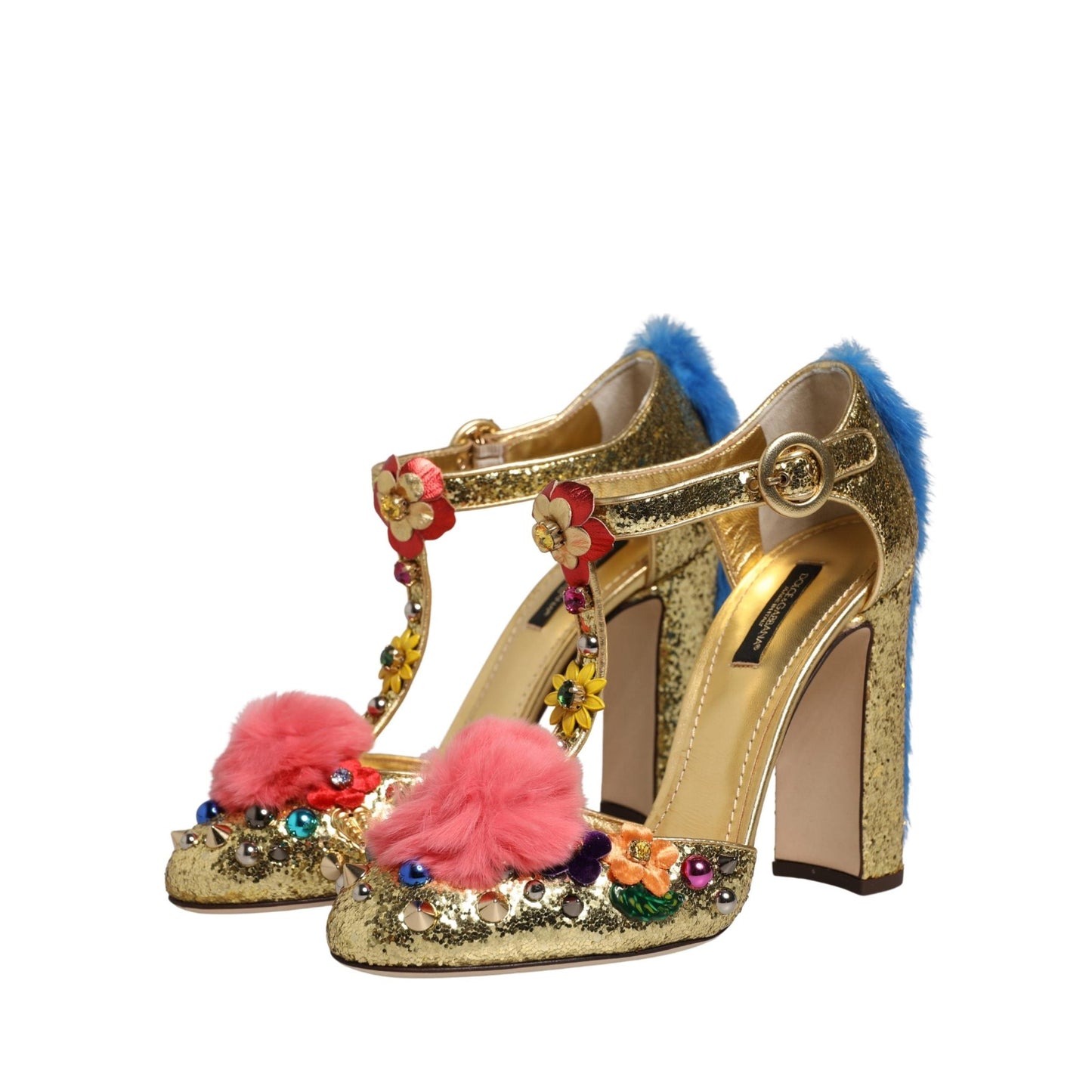 Dolce & Gabbana Gold Fur Trim Glitter T-strap Sandals Shoes