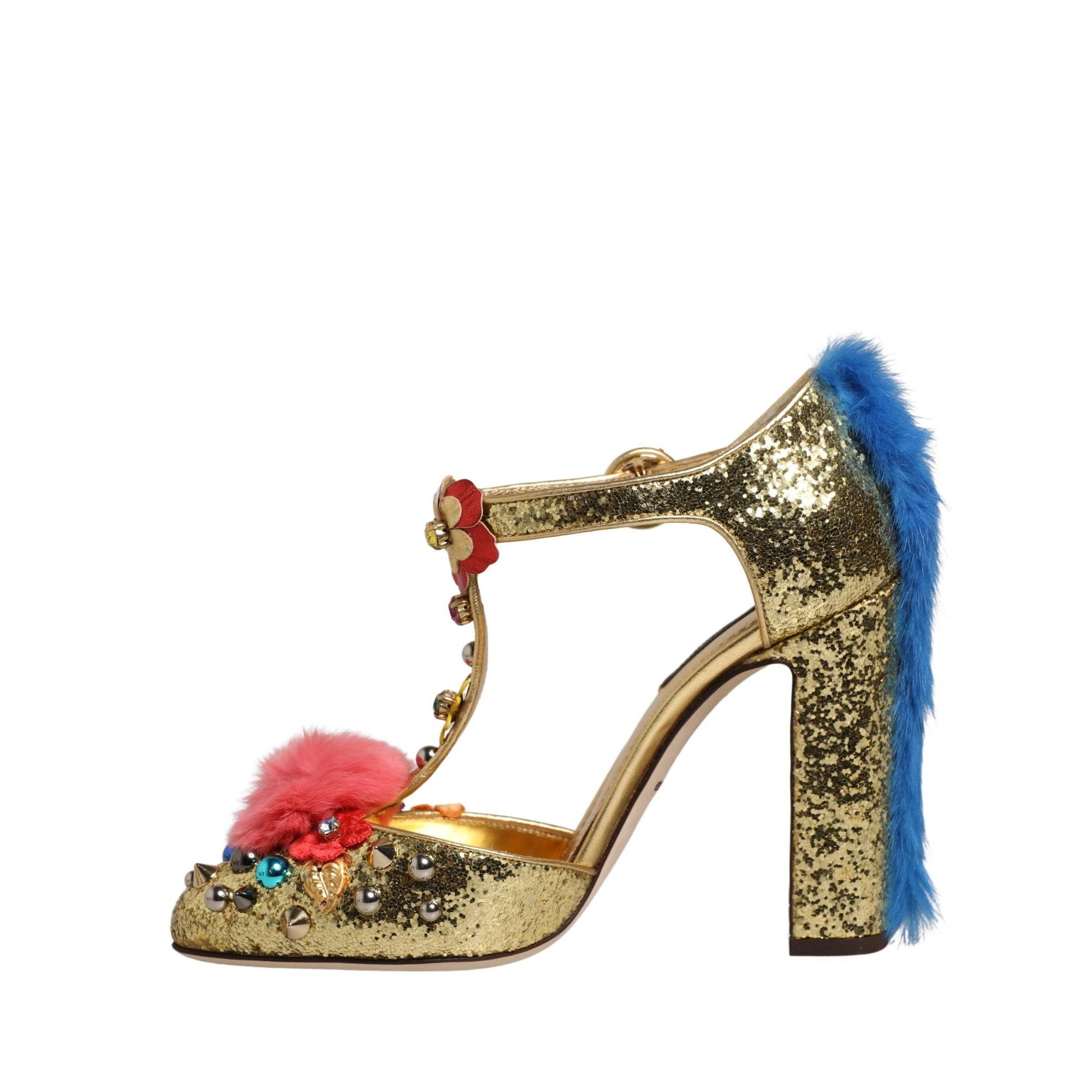 Dolce & Gabbana Gold Fur Trim Glitter T-strap Sandals Shoes